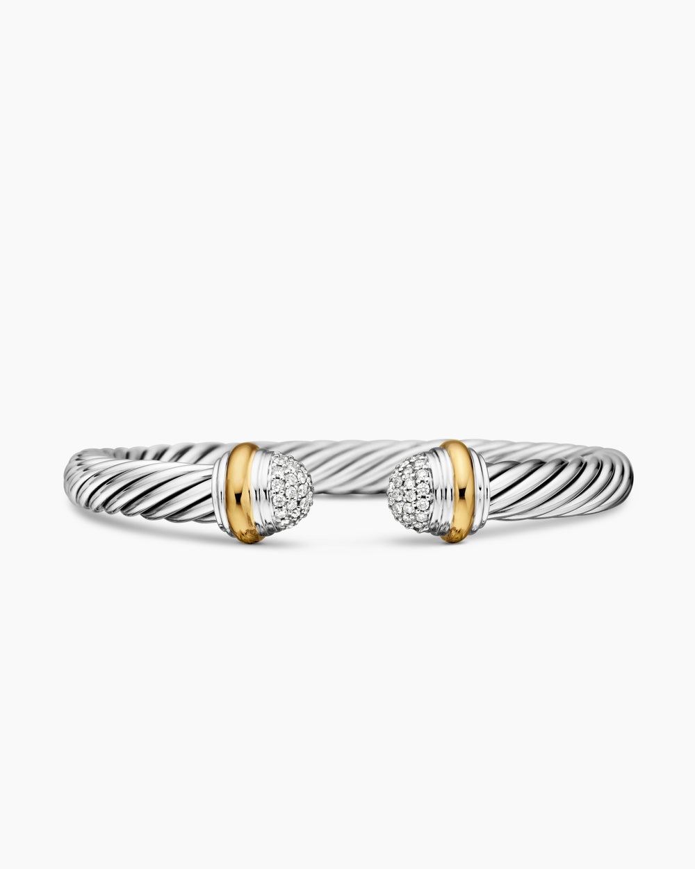 Womens Classic Cable Bracelet in Sterling Silver with 18K Yellow Gold and Pavé Domes, 7mm