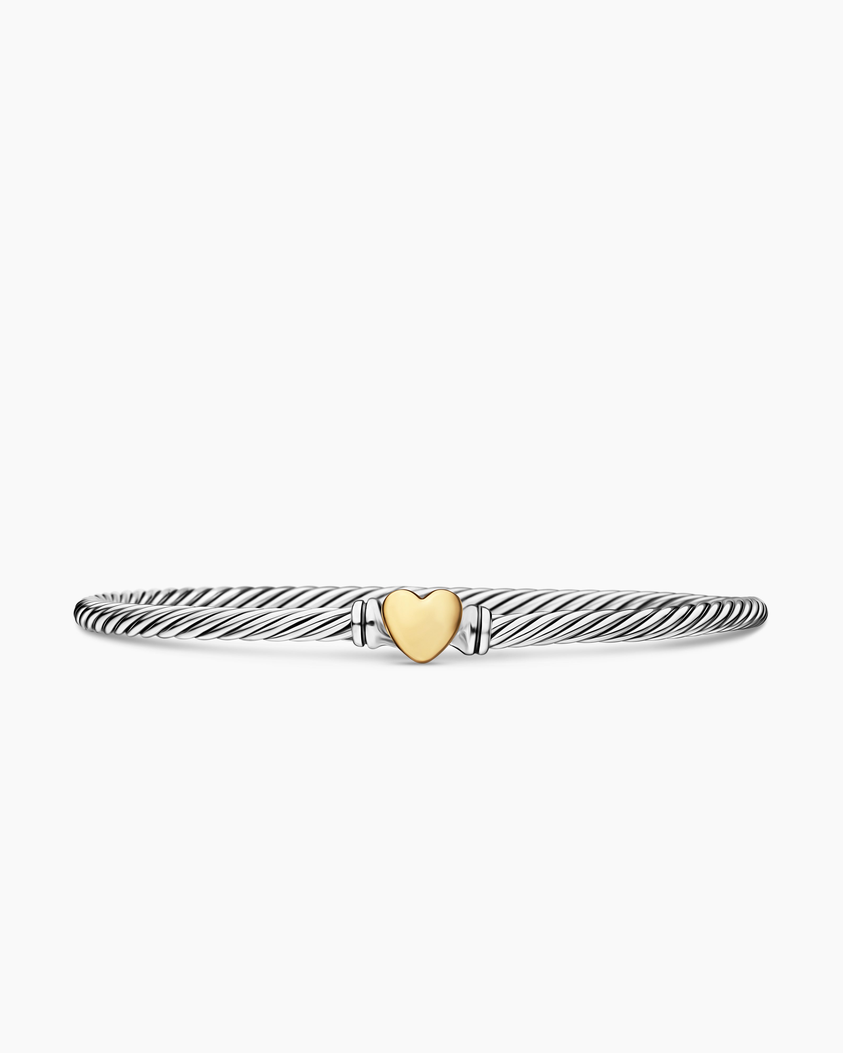 Womens Classic Cable Heart Station Bracelet in Sterling Silver with 18K Yellow Gold, 3mm