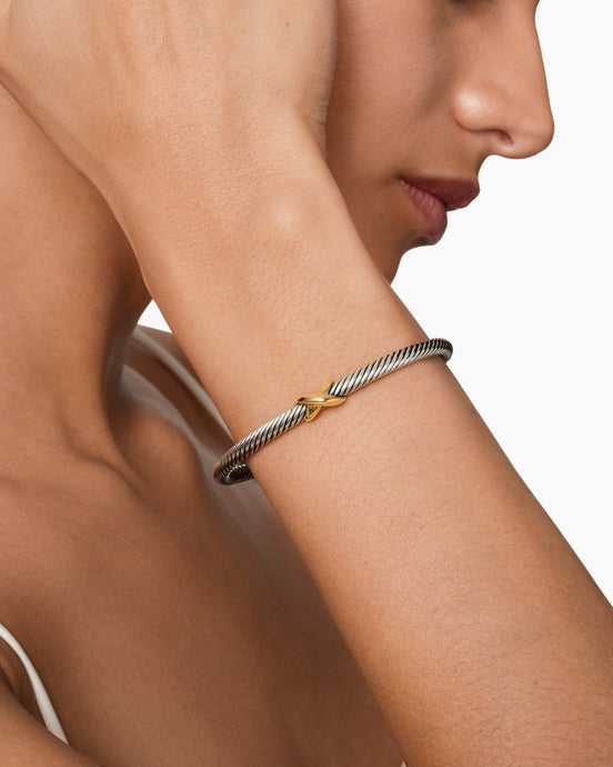 X Classic Cable Station Bracelet in Sterling Silver with 18ct Yellow Gold, 4mm