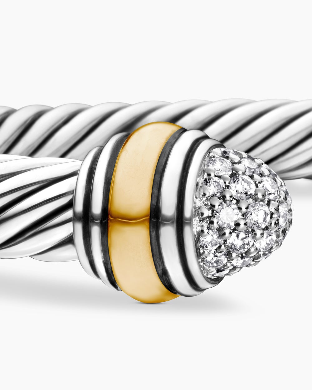 Womens Classic Cable Bracelet in Sterling Silver with 14K Yellow Gold and Pavé Diamond Domes, 5mm