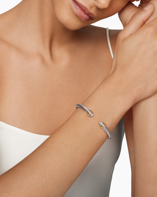 Classic Cable Bracelet in Sterling Silver with 14ct Yellow Gold and Pavé Diamond Domes, 5mm