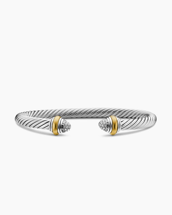 Classic Cable Bracelet in Sterling Silver with 14ct Yellow Gold and Pavé Diamond Domes, 5mm