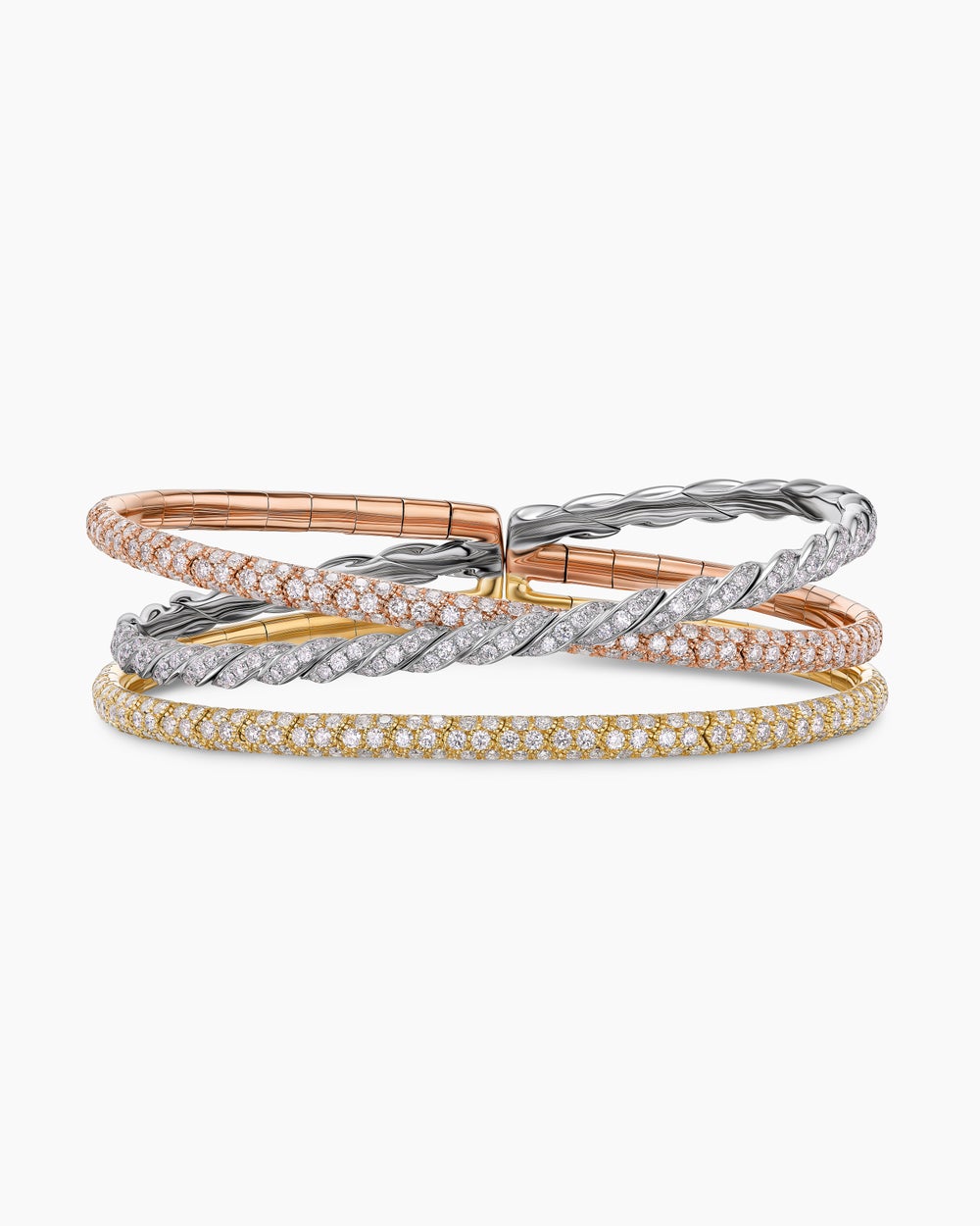 Womens Sculpted Cable Flex Three Row Bracelet in 18K Gold, 21mm