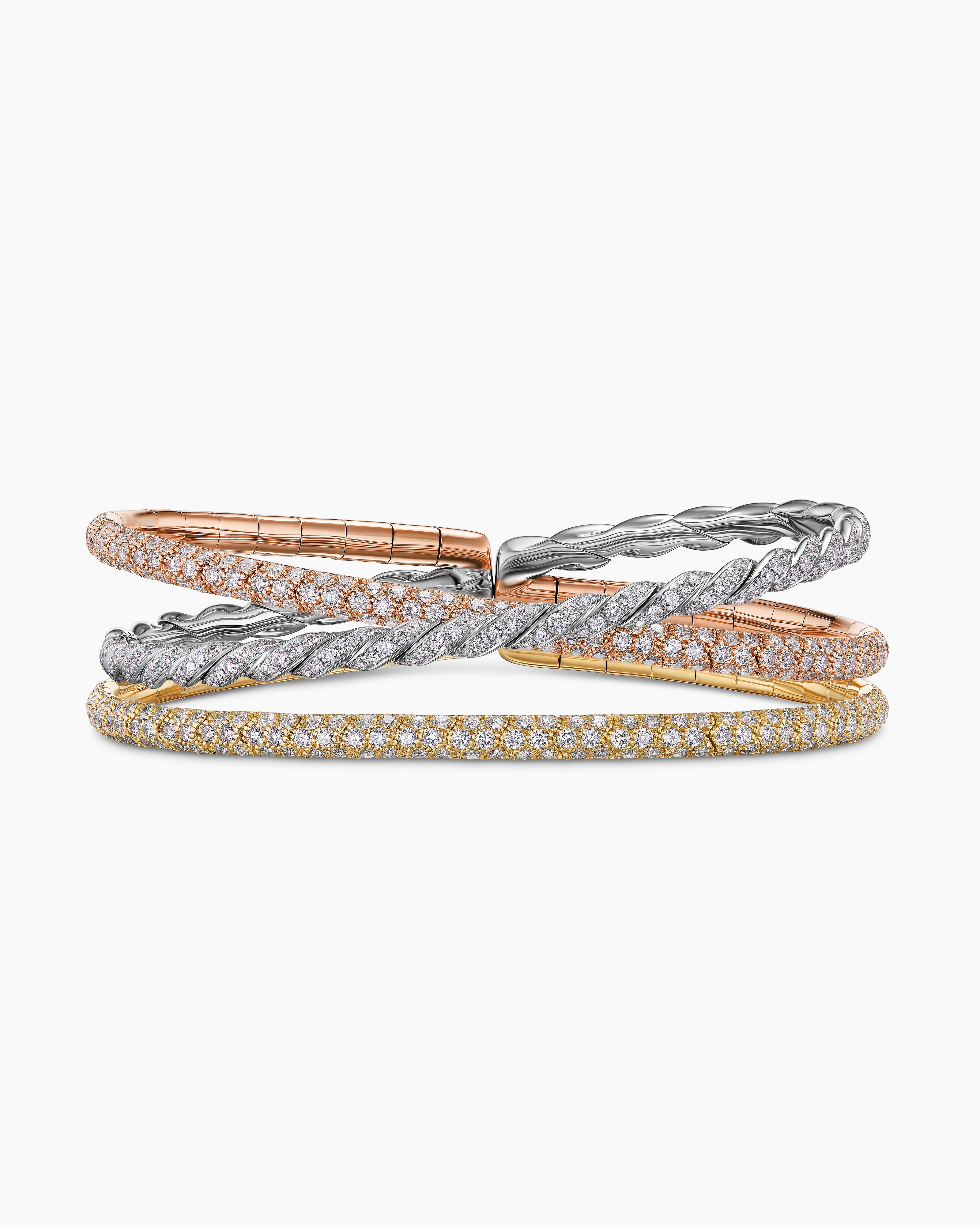Womens Sculpted Cable Flex Three Row Bracelet in 18K Gold, 21mm