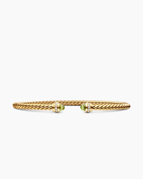 Classic Cablespira® Flex Bracelet in 18K Yellow Gold with Peridot and Diamonds, 3mm