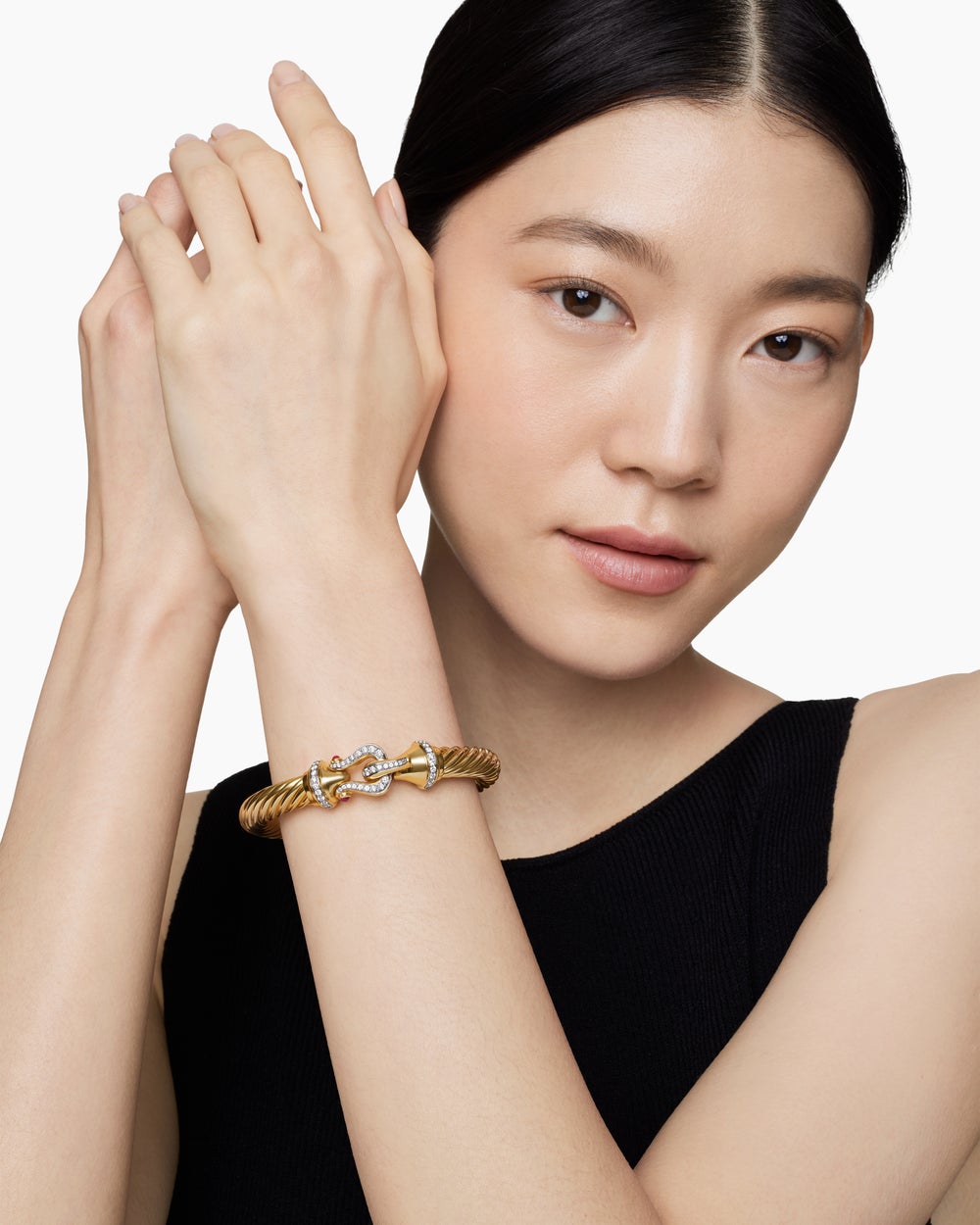 Womens Buckle Cablespira® Flex Bracelet in 18K Yellow Gold with Rubies and Diamonds, 9mm