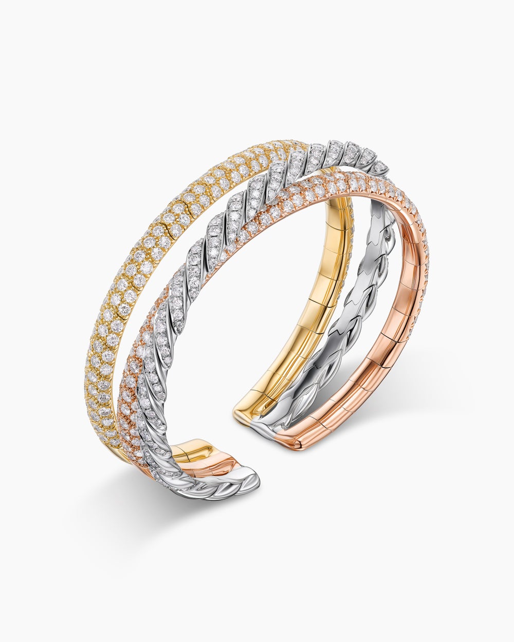 Womens Sculpted Cable Flex® Three Row Bracelet in 18K Gold with Diamonds, 18.5mm