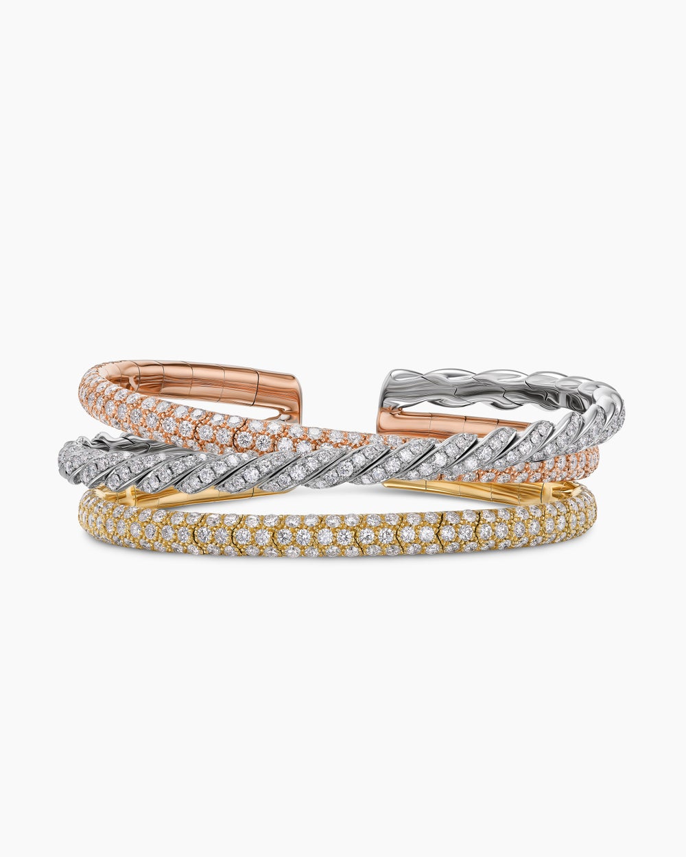 Womens Sculpted Cable Flex® Three Row Bracelet in 18K Gold with Diamonds, 18.5mm