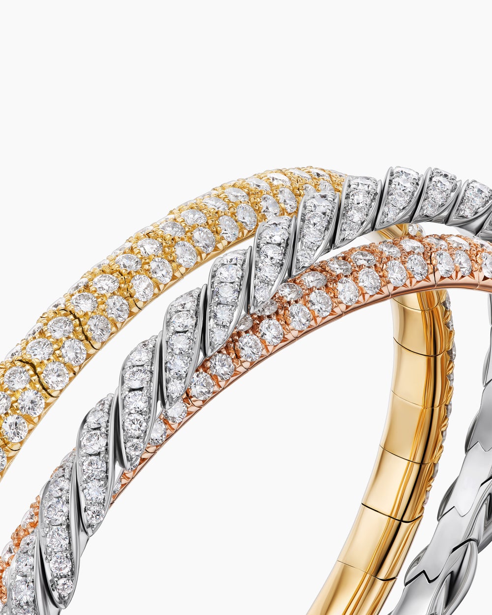 Womens Sculpted Cable Flex® Three Row Bracelet in 18K Gold with Diamonds, 18.5mm