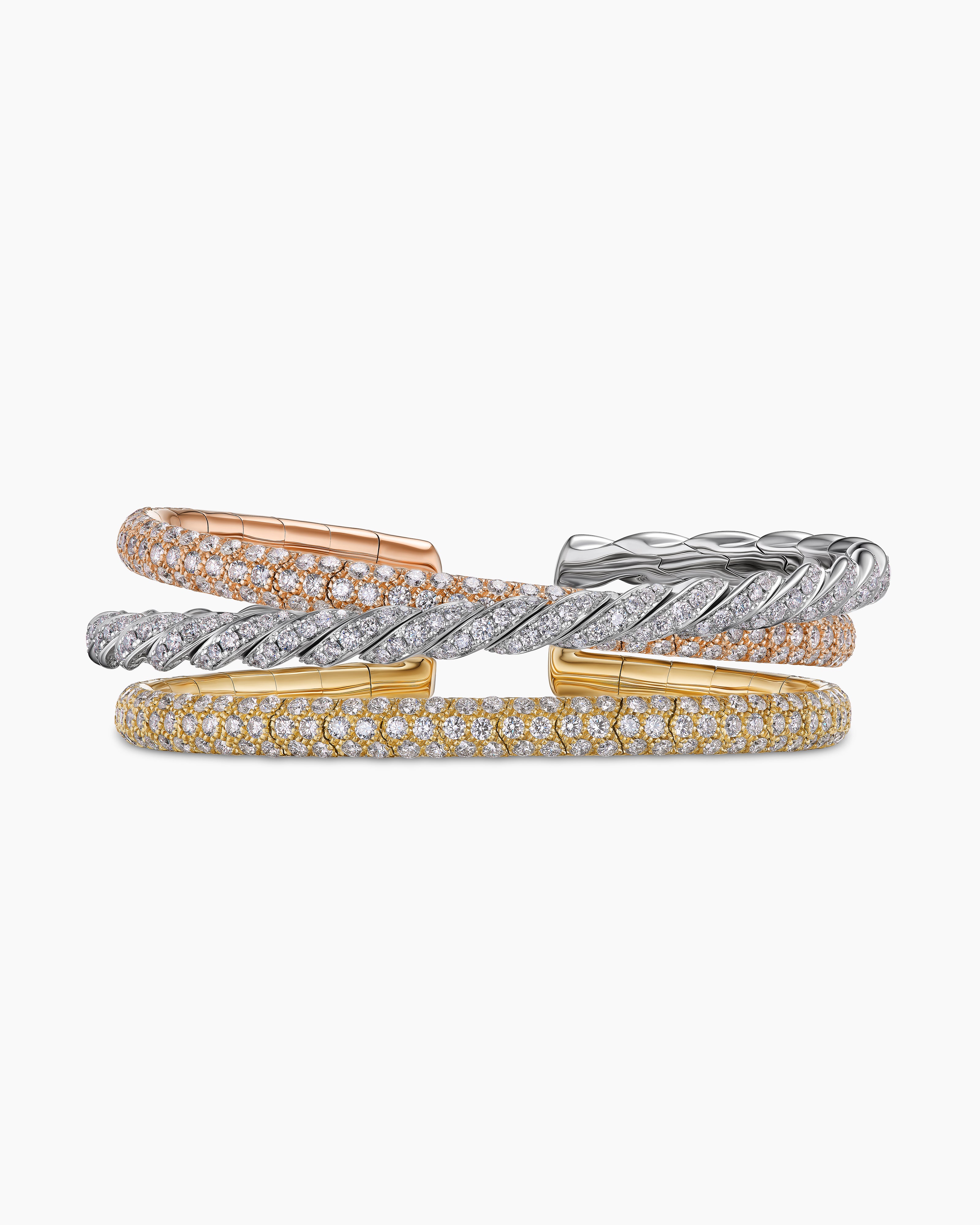 Womens Sculpted Cable Flex&reg; Three Row Bracelet in 18K Gold with Diamonds, 18.5mm