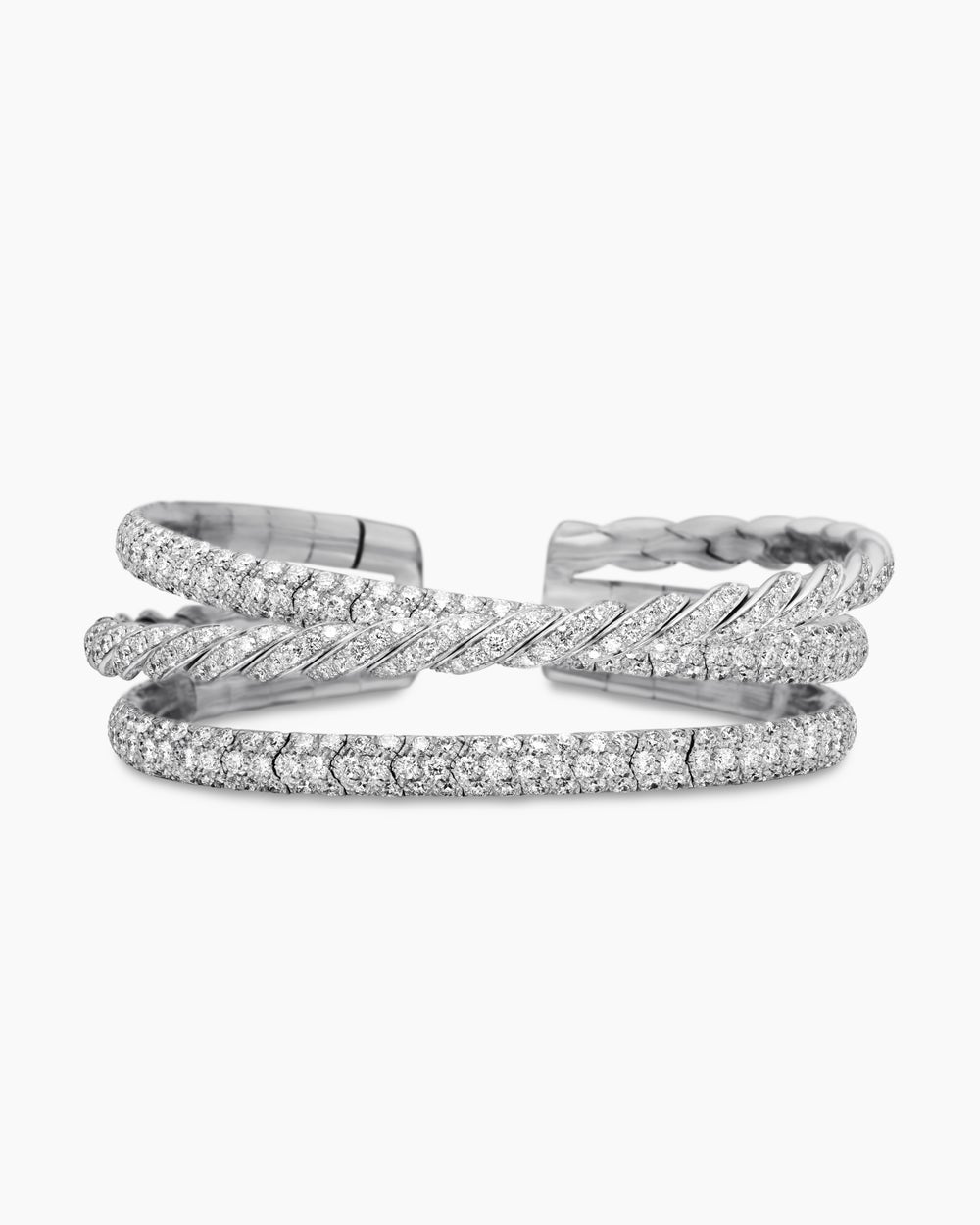 Womens Sculpted Cable Flex® Three Row Bracelet in 18K White Gold with Diamonds, 18.5mm