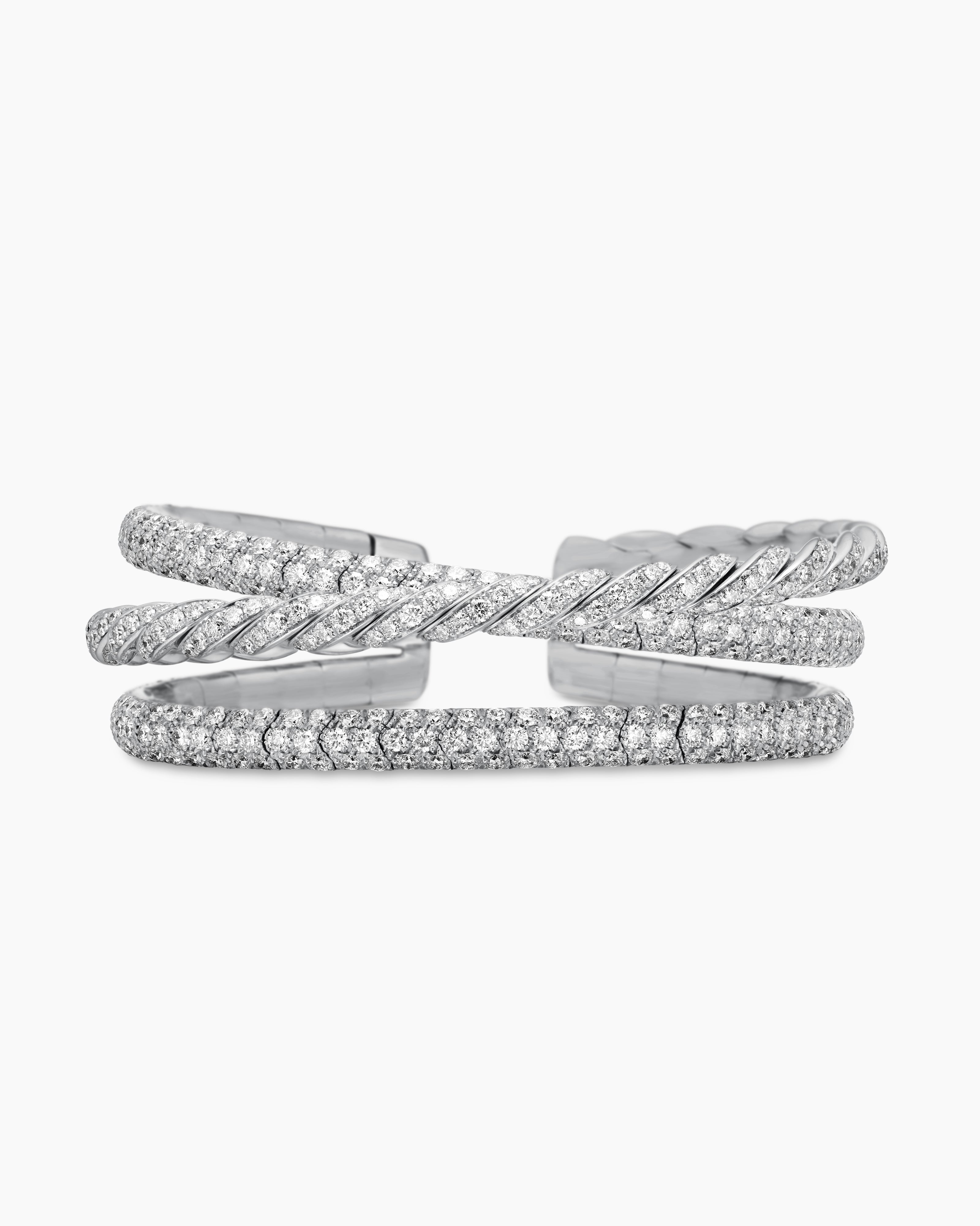 Womens Sculpted Cable Flex&reg; Three Row Bracelet in 18K White Gold with Diamonds, 18.5mm