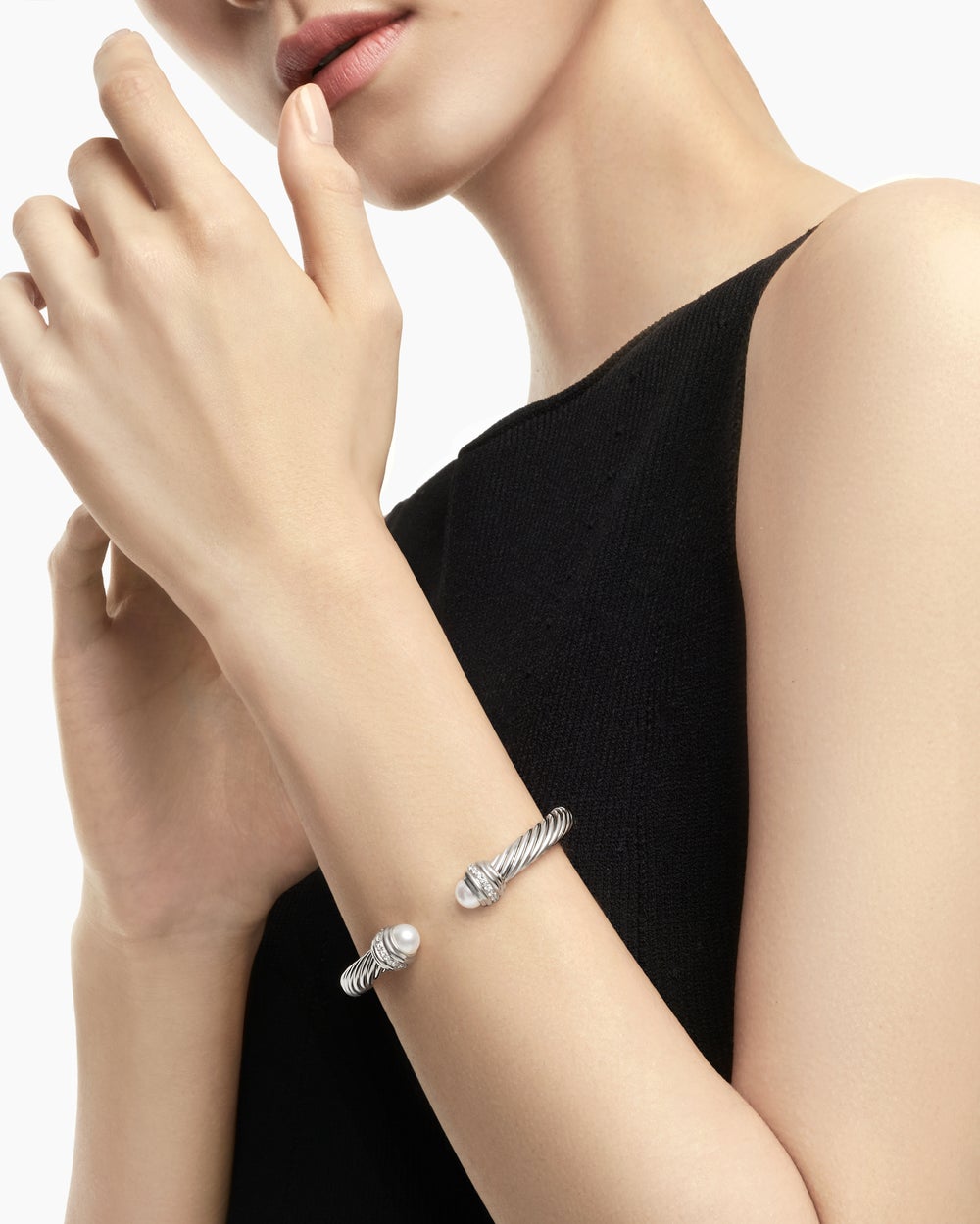 Womens Classic Cable Bracelet in Sterling Silver with Diamonds, 7mm
