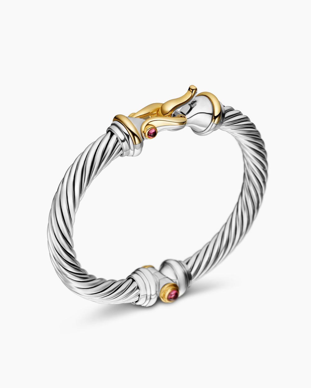 Womens Buckle Classic Cable Bracelet in Sterling Silver with 18K Yellow Gold and Rhodolite Garnets, 7mm