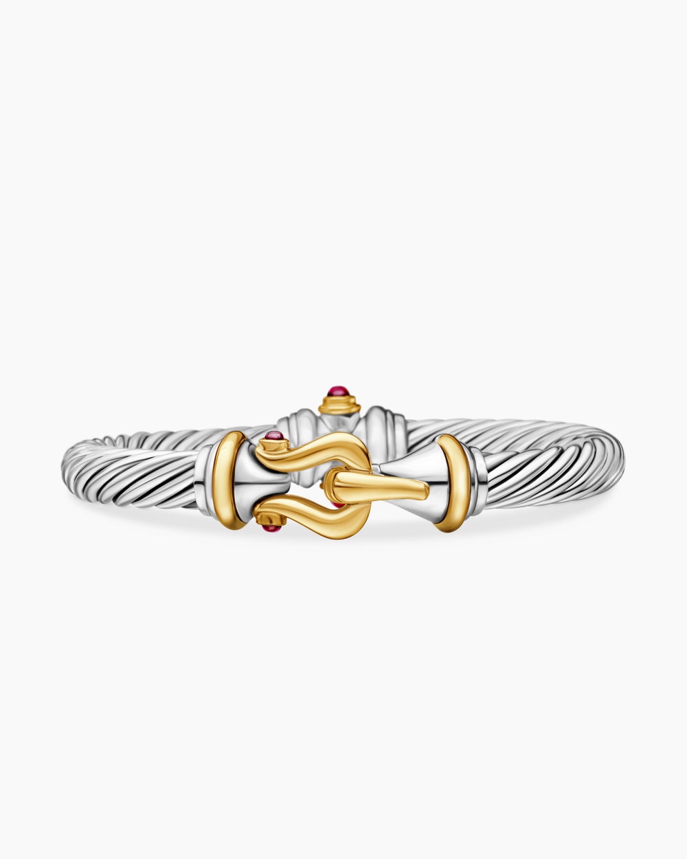 Womens Buckle Classic Cable Bracelet in Sterling Silver with 18K Yellow Gold and Rhodolite Garnets, 7mm