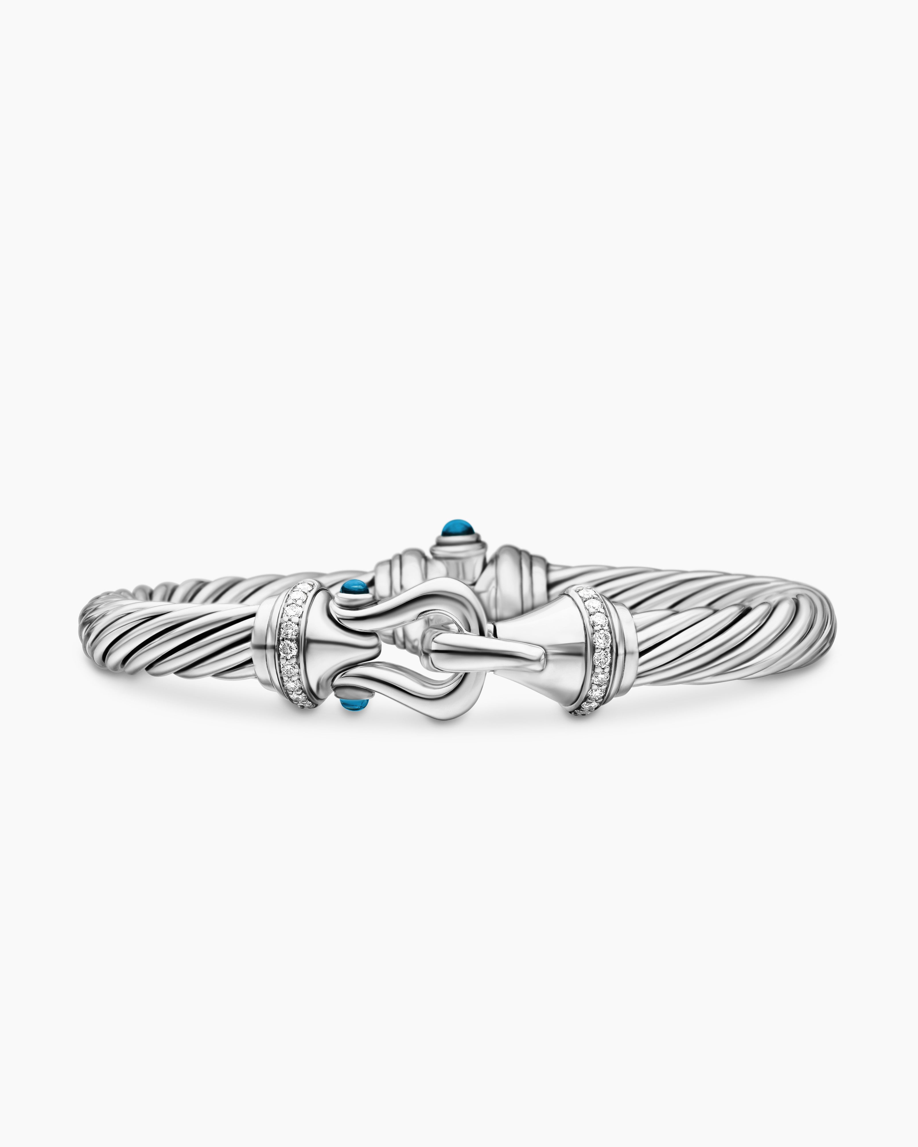 Womens Buckle Classic Cable Bracelet in Sterling Silver with Diamonds, 7mm
