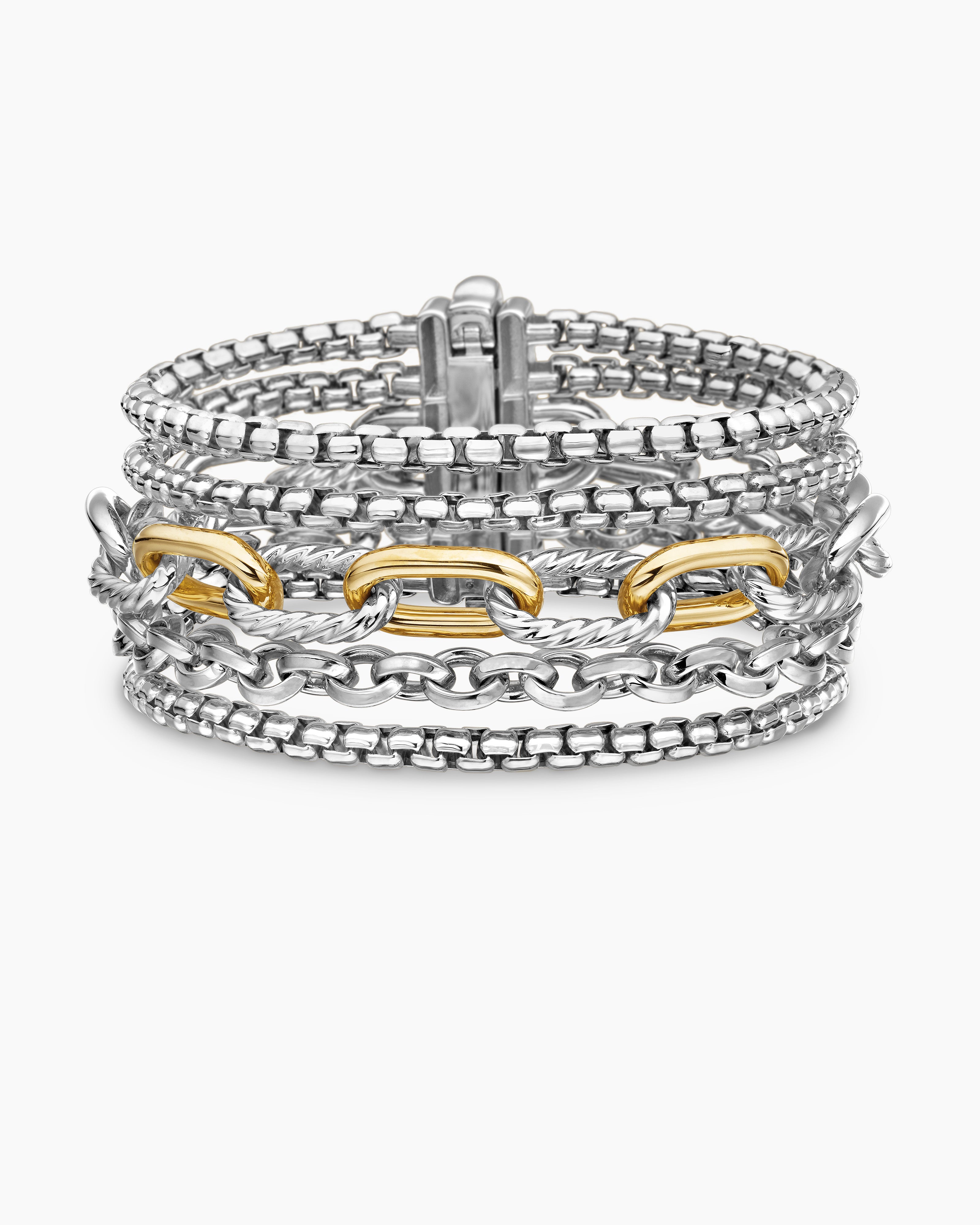 Womens Multi Row Chain Bracelet in Sterling Silver with 18K Yellow Gold, 29mm