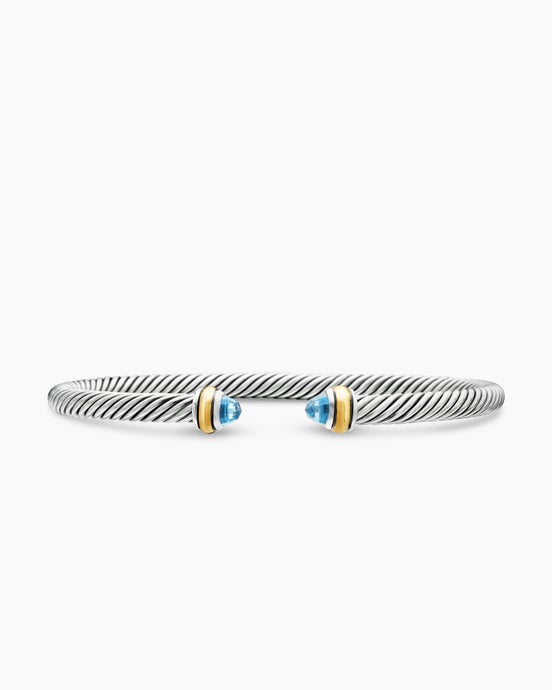 Bracelet Classic Cable en argent massif avec topaze bleue et or jaune 18 carats, 4 mm