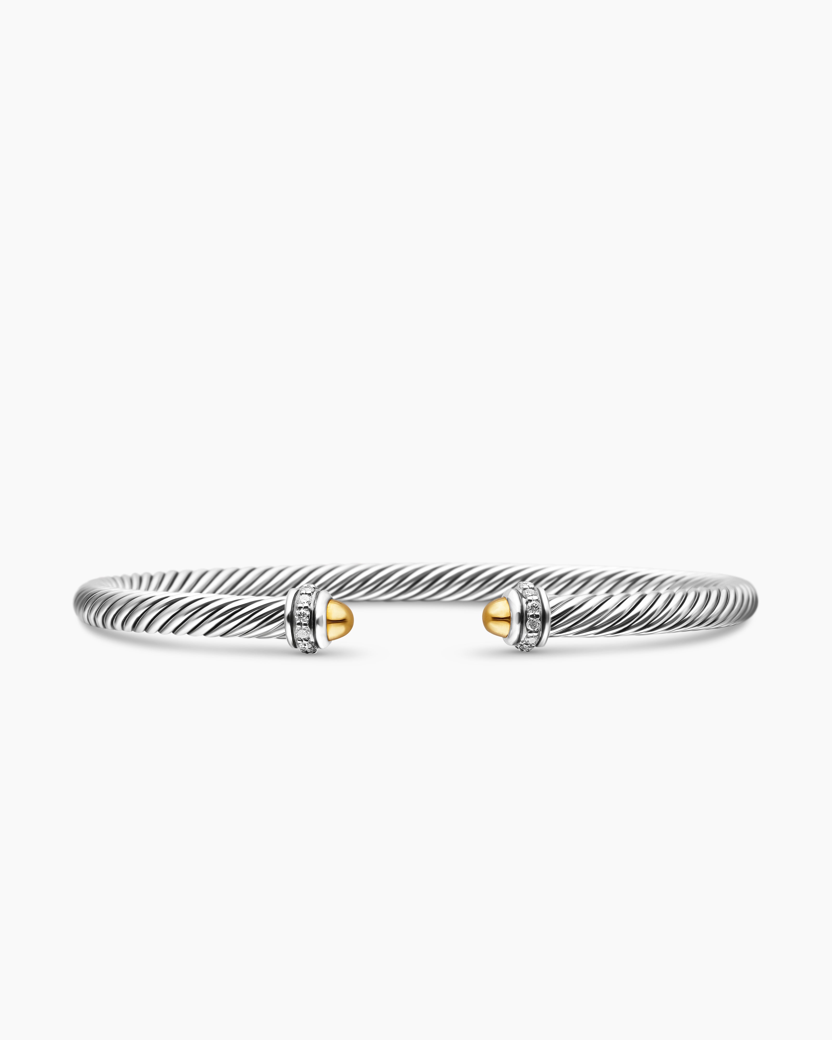 Womens Classic Cable Bracelet in Sterling Silver with 18K Yellow Gold and Diamonds, 4mm