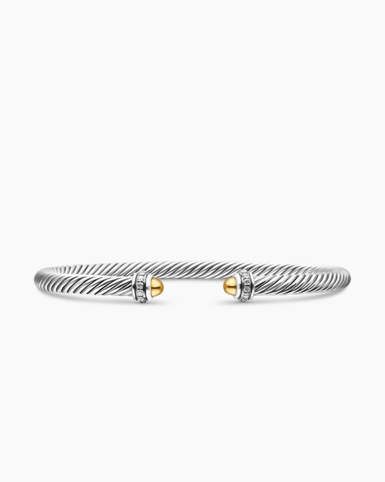 Classic Cable Bracelet in Sterling Silver with 18K Yellow Gold Domes and Diamonds, 4mm