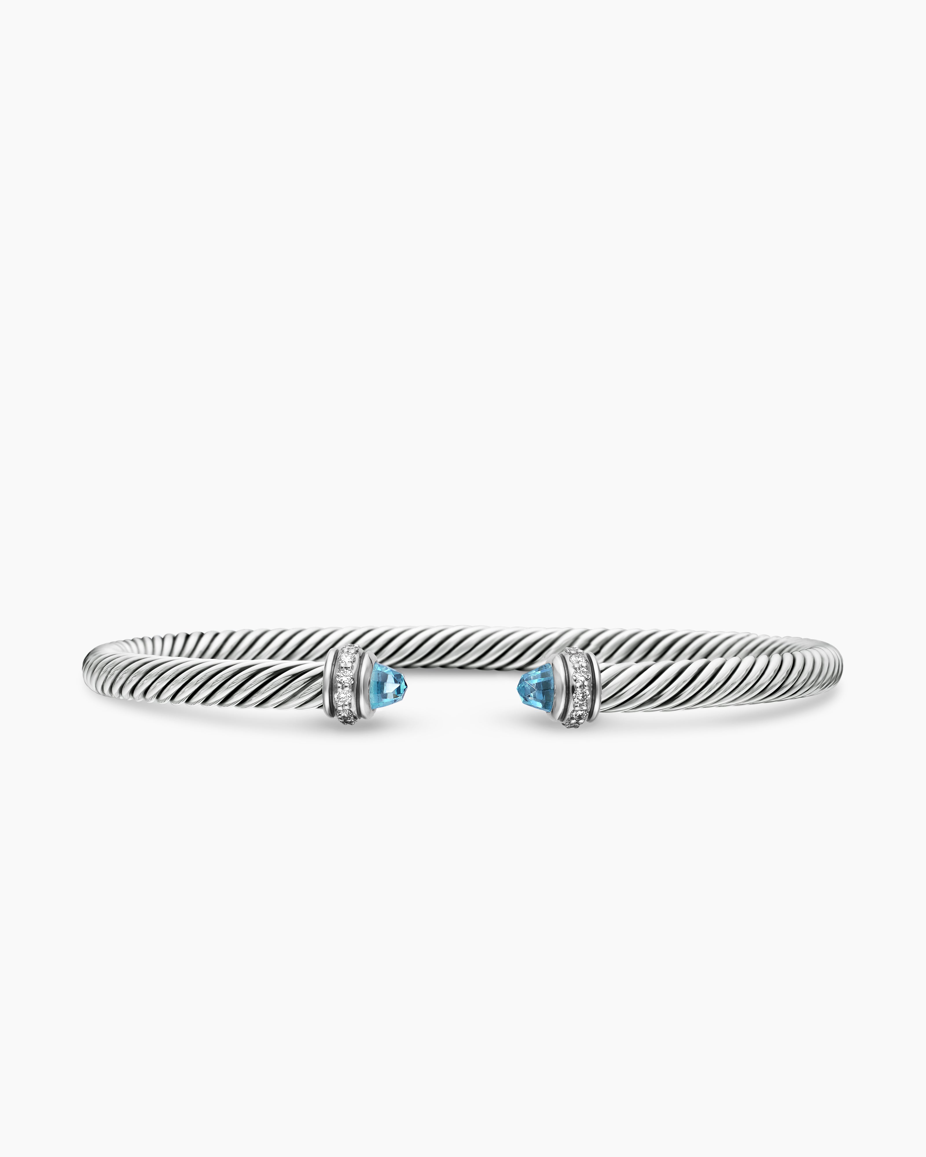 Womens Classic Cable Bracelet in Sterling Silver with Diamonds, 4mm
