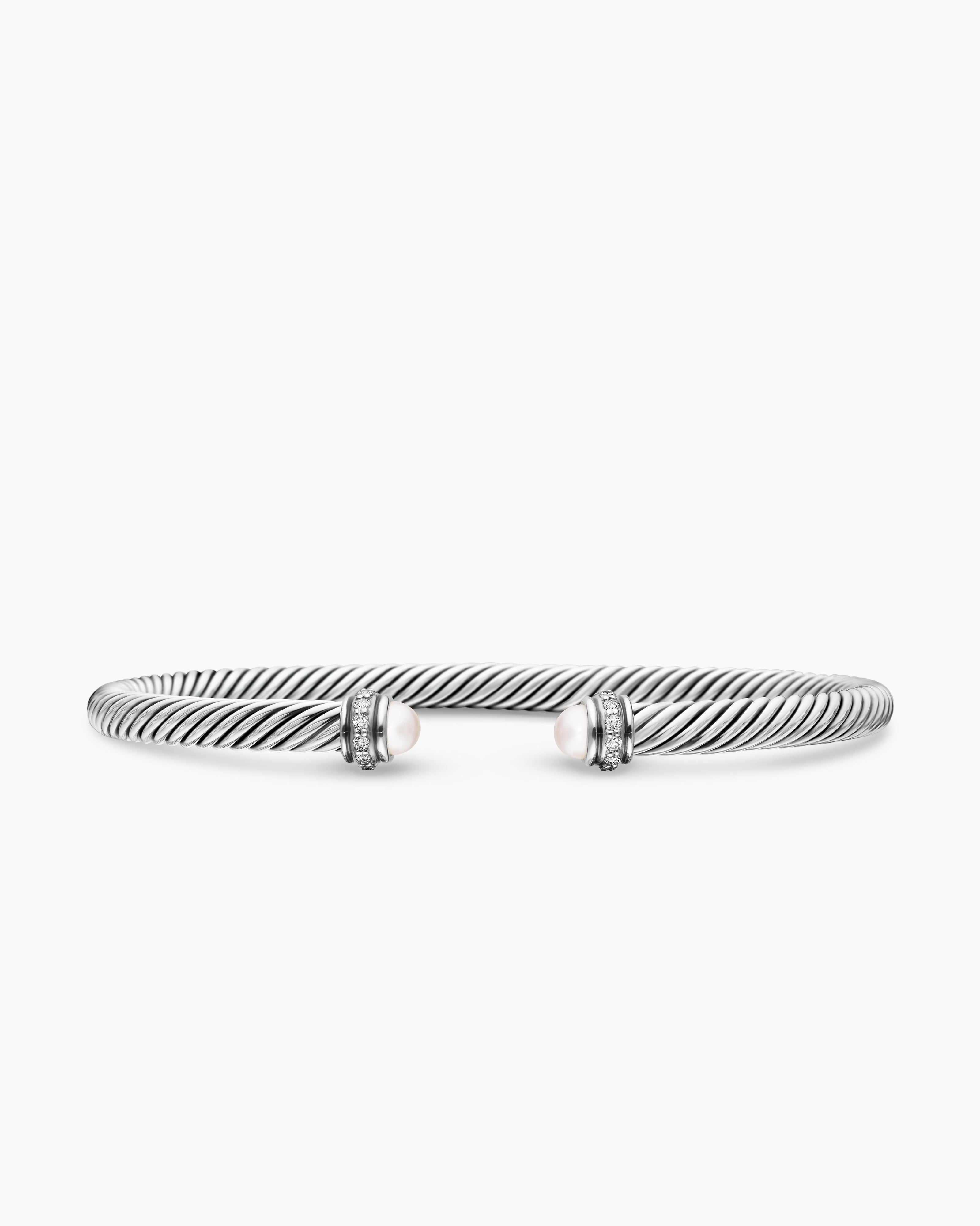 Womens Classic Cable Bracelet in Sterling Silver with Diamonds, 4mm