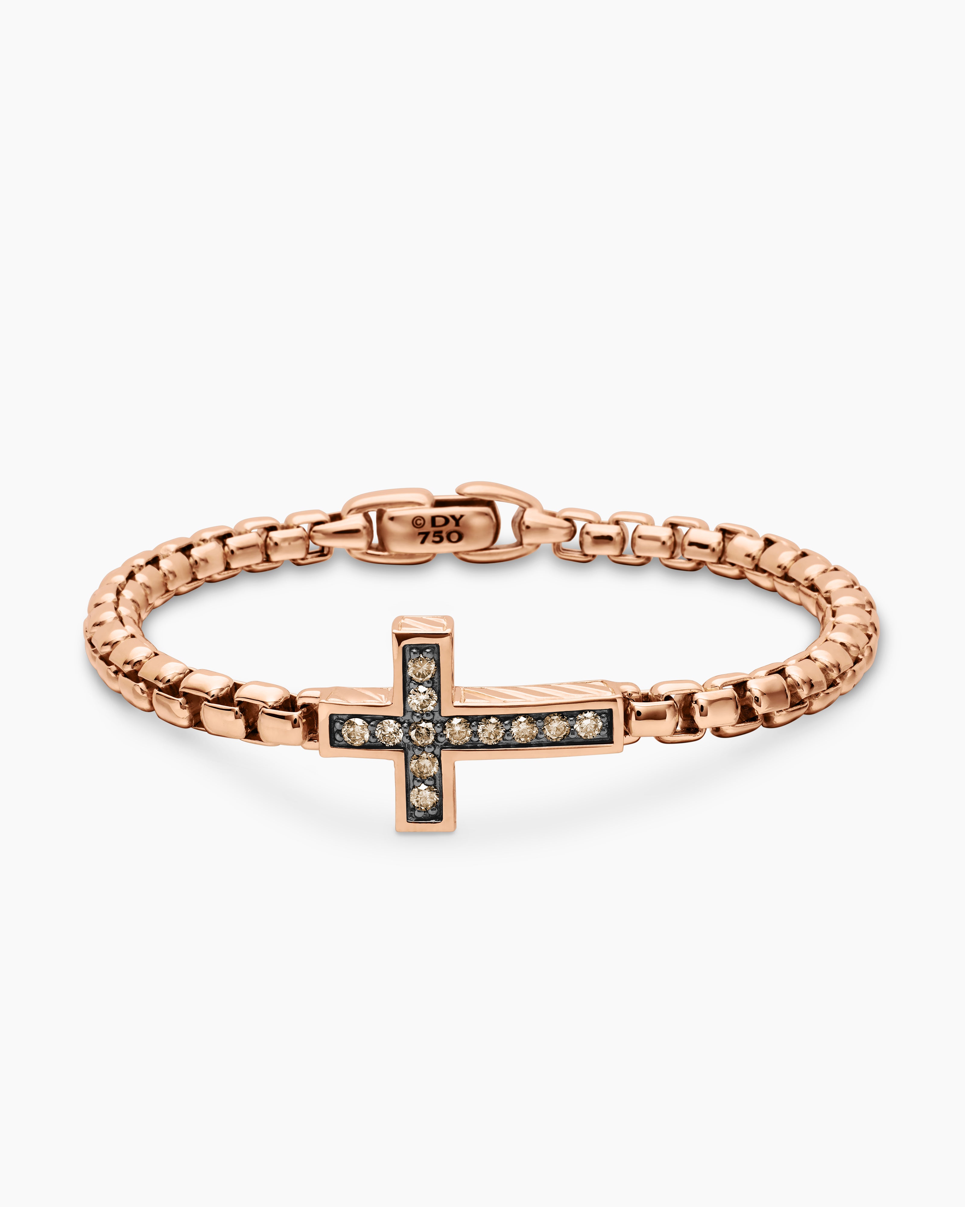 Mens Pav&eacute; Cross Bracelet in 18K Rose Gold with Cognac Diamonds, 5mm