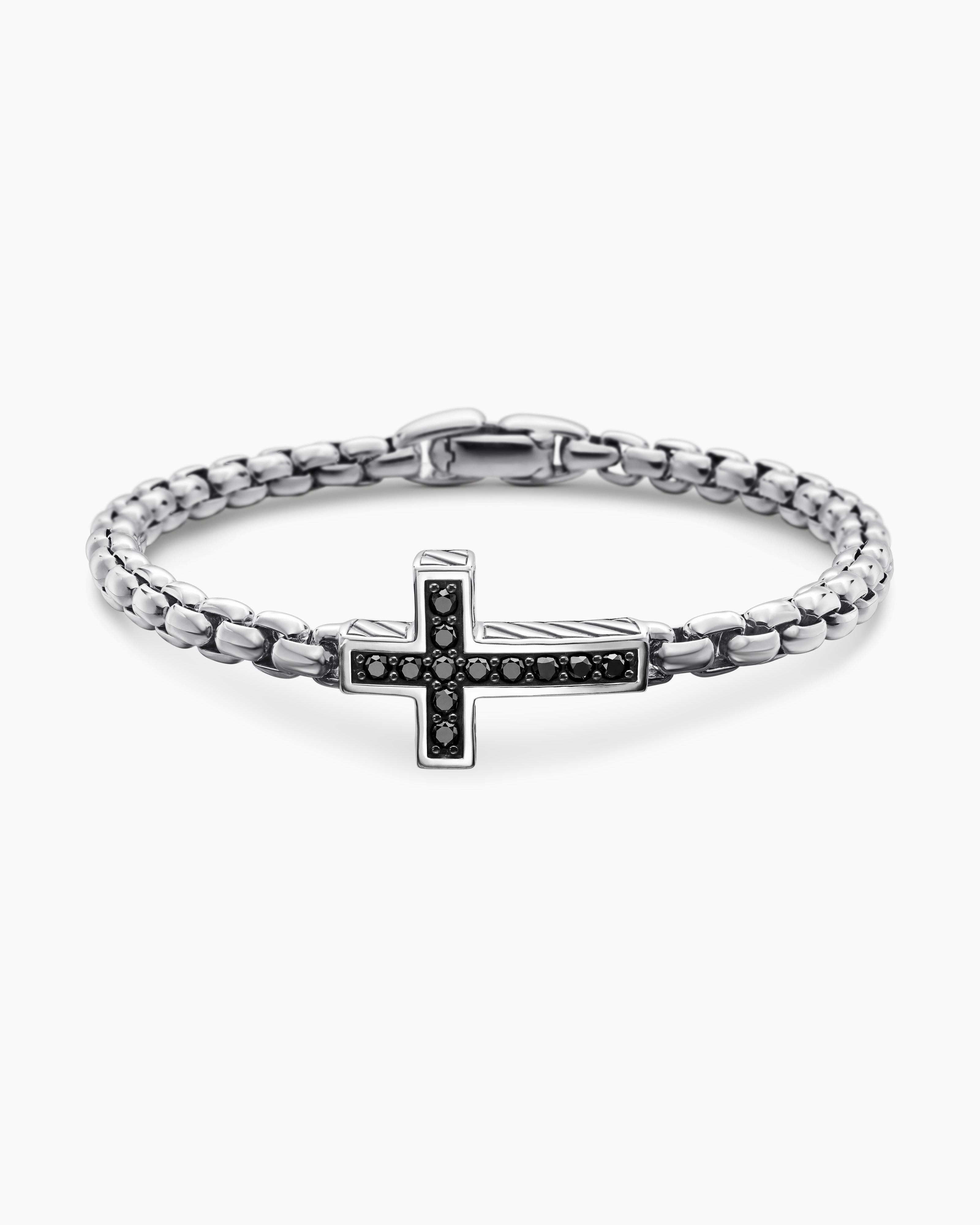 Mens Cross Station Bracelet in Sterling Silver with Black Diamonds, 5mm