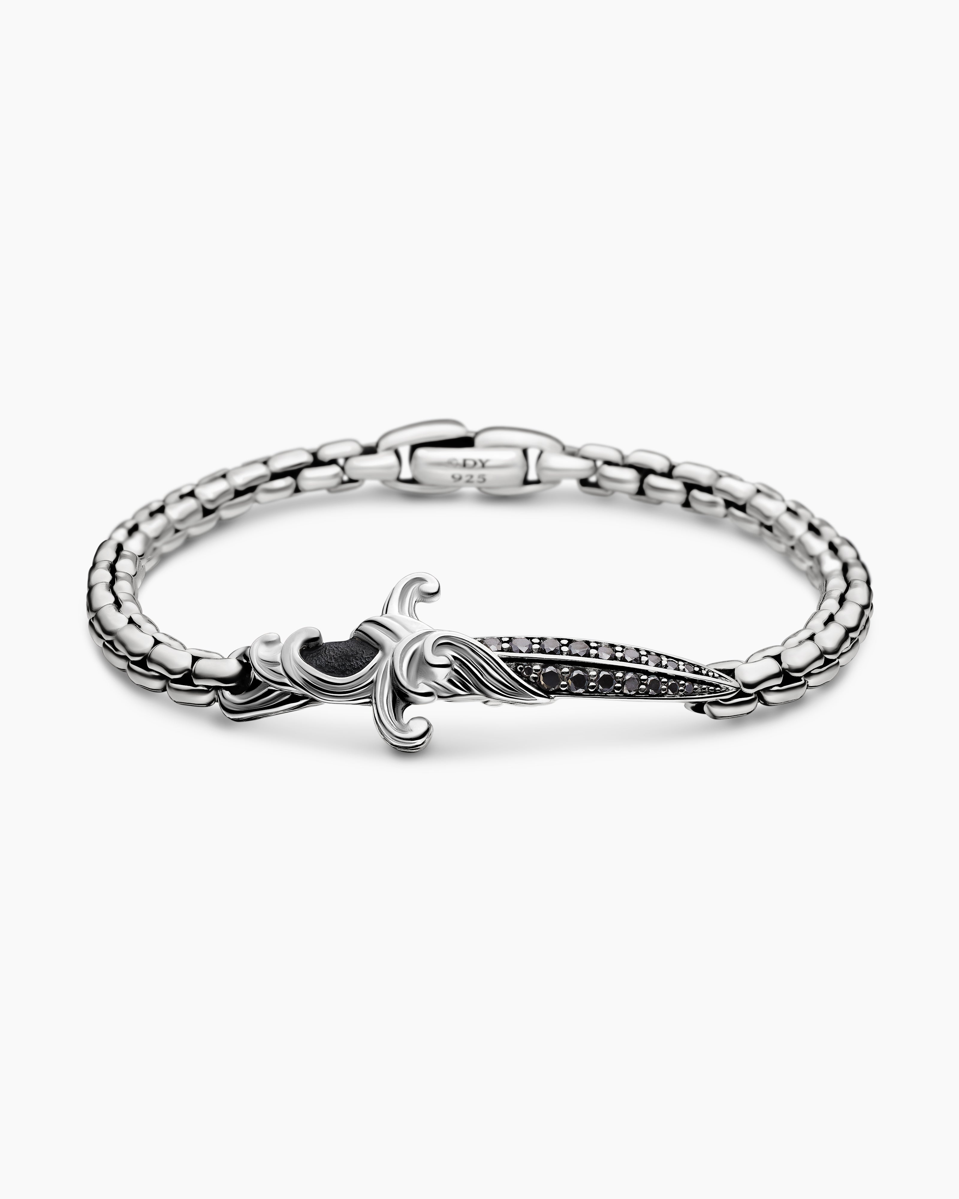 Mens Waves Dagger Bracelet in Sterling Silver with Black Diamonds, 5mm