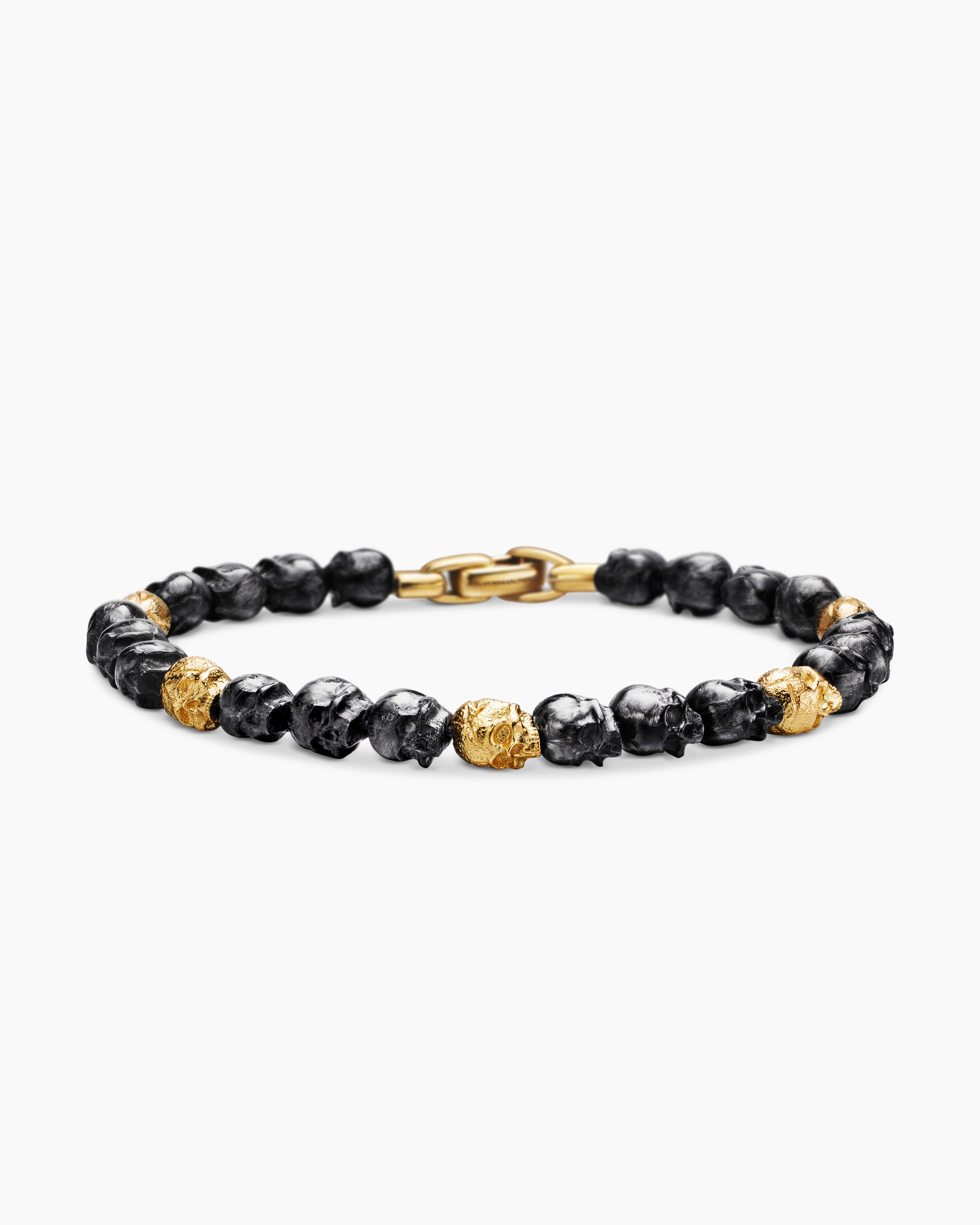 Mens Memento Mori Skull Bracelet in 18K Yellow Gold with Forged Carbon, 6mm