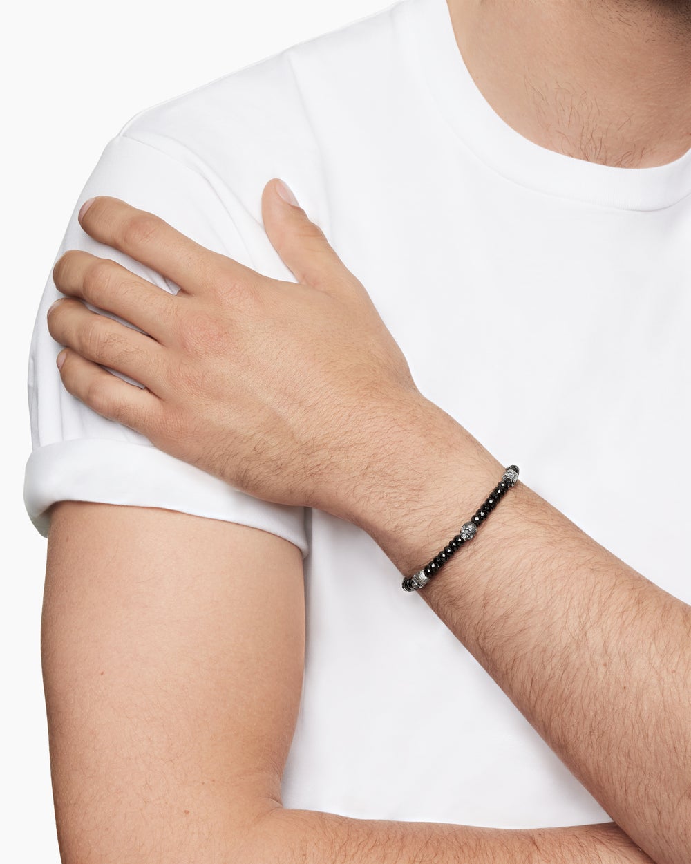 Mens Memento Mori Skull Station Bracelet in Sterling Silver, 6mm