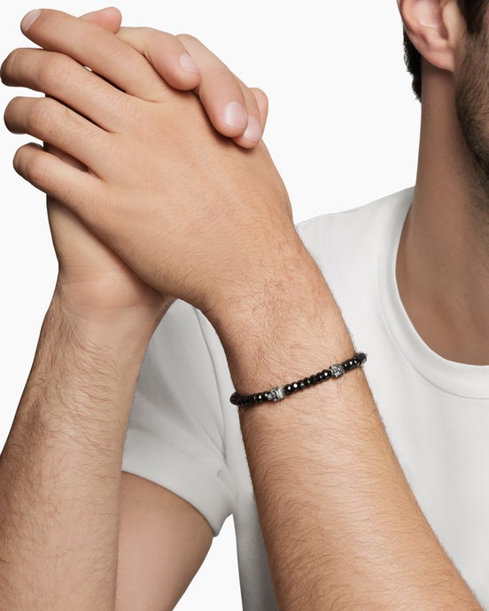 Memento Mori Skull Station Bracelet in Sterling Silver with Black Spinel, 6mm