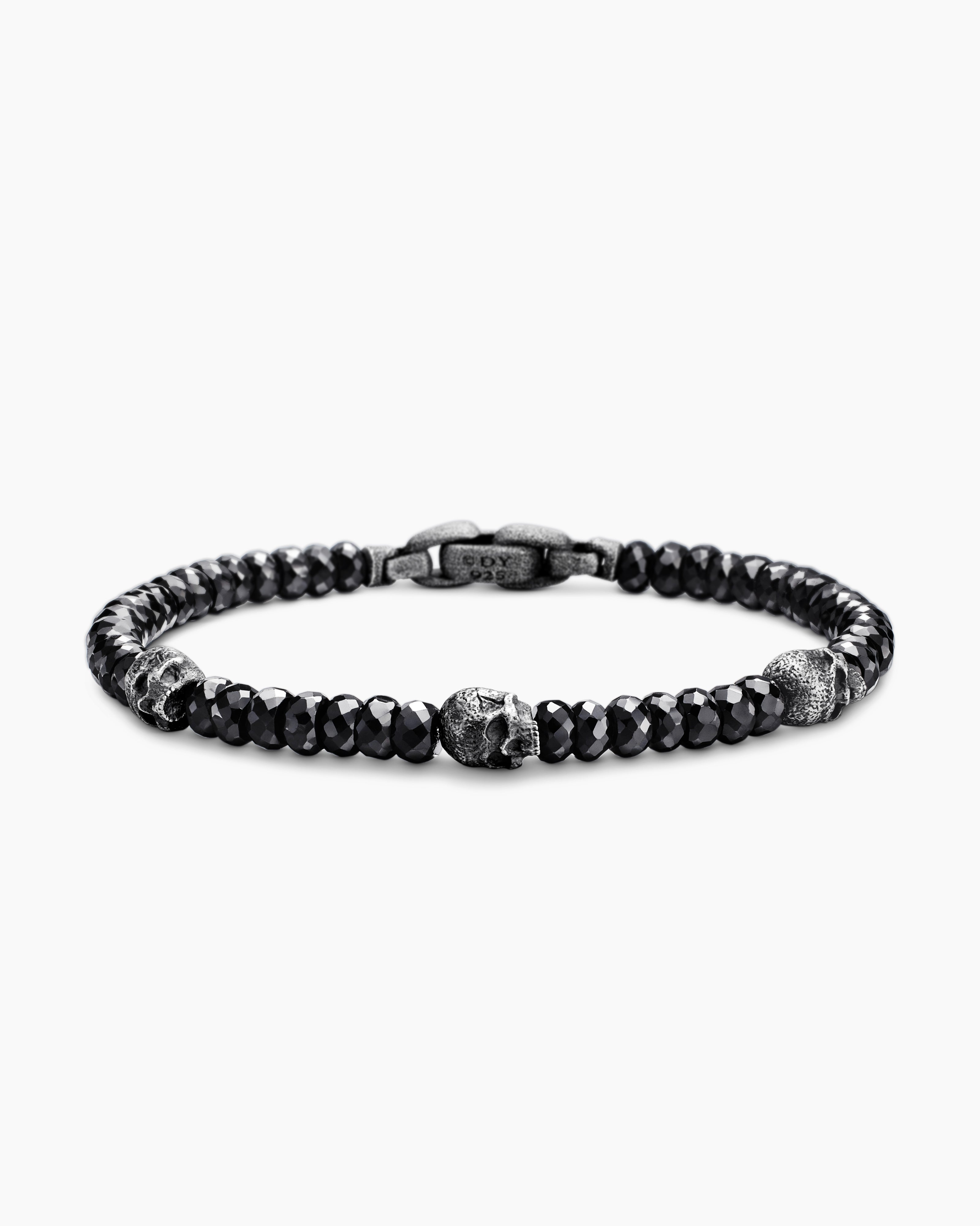 Mens Memento Mori Skull Station Bracelet in Sterling Silver, 6mm