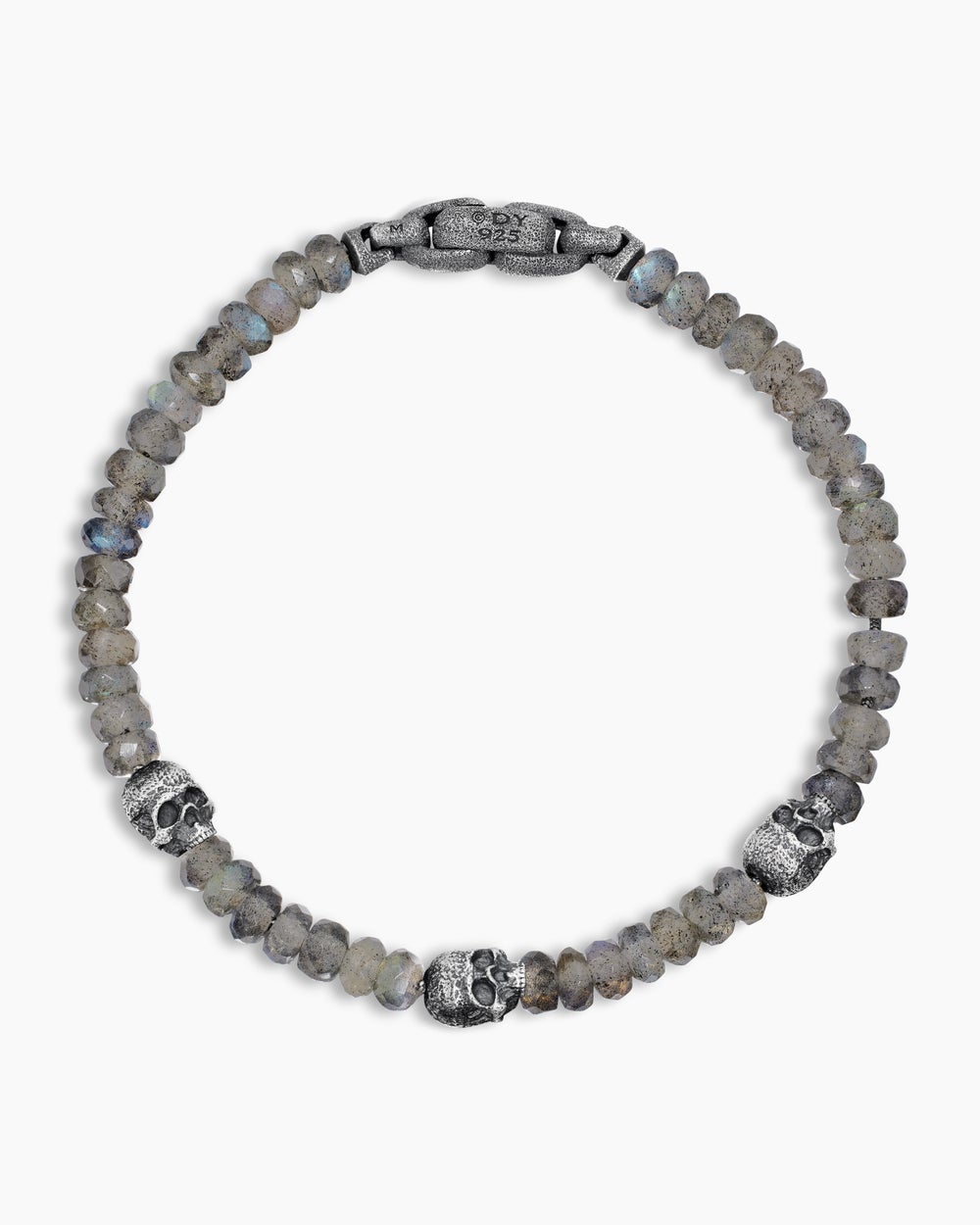 Mens Memento Mori Skull Station Bracelet in Sterling Silver, 6mm