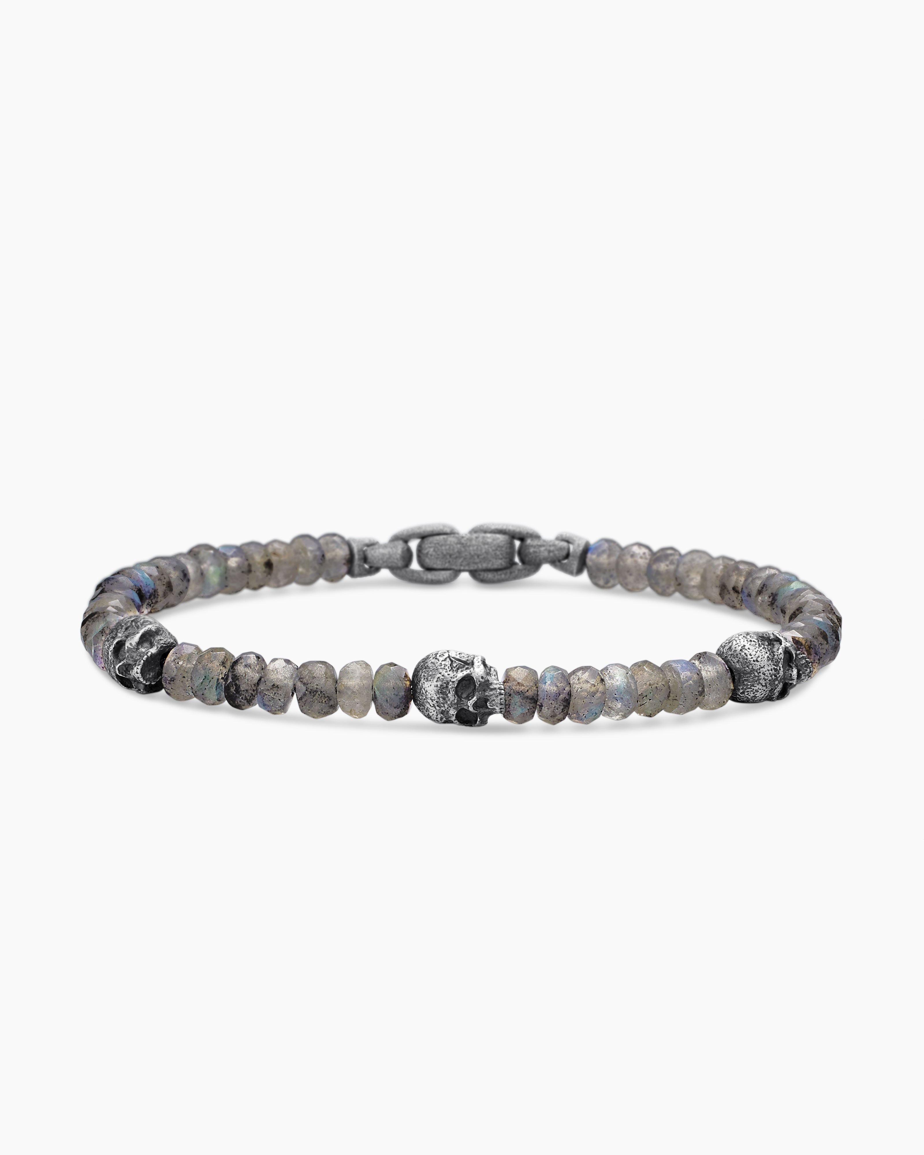 Mens Memento Mori Skull Station Bracelet in Sterling Silver, 6mm
