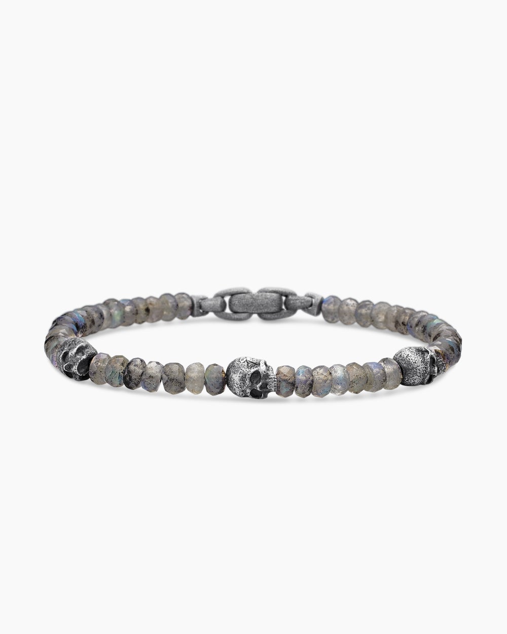 Mens Memento Mori Skull Station Bracelet in Sterling Silver, 6mm