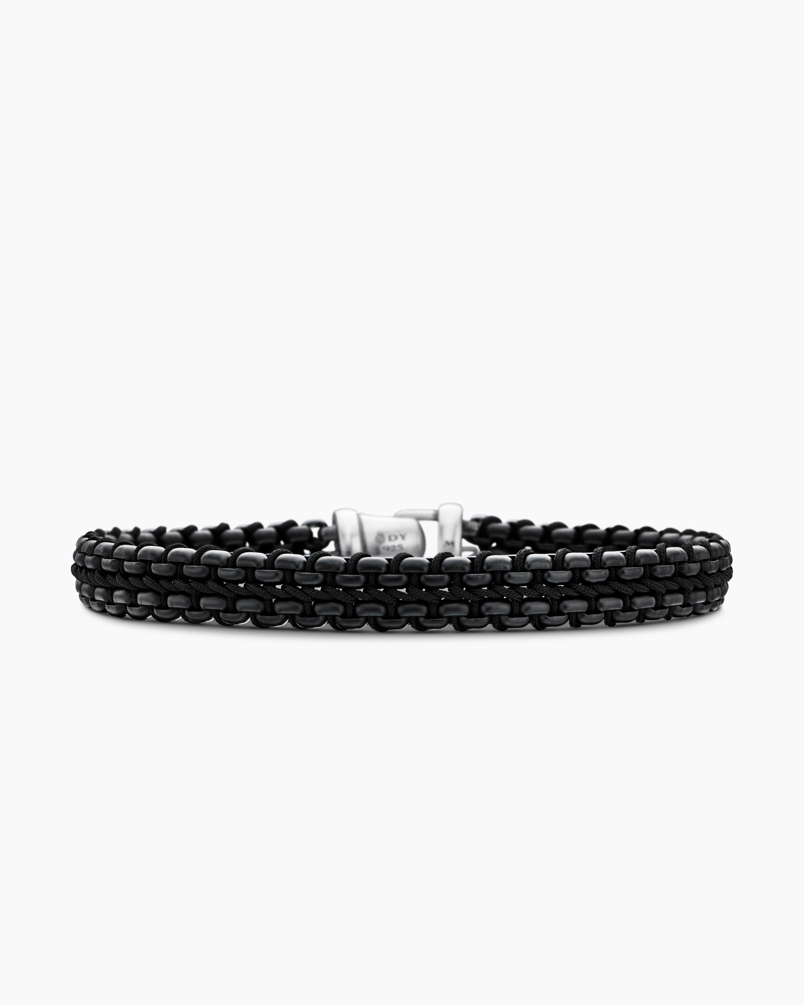 Mens Woven Box Chain Bracelet in Sterling Silver with Black Stainless Steel and Black Nylon, 10mm