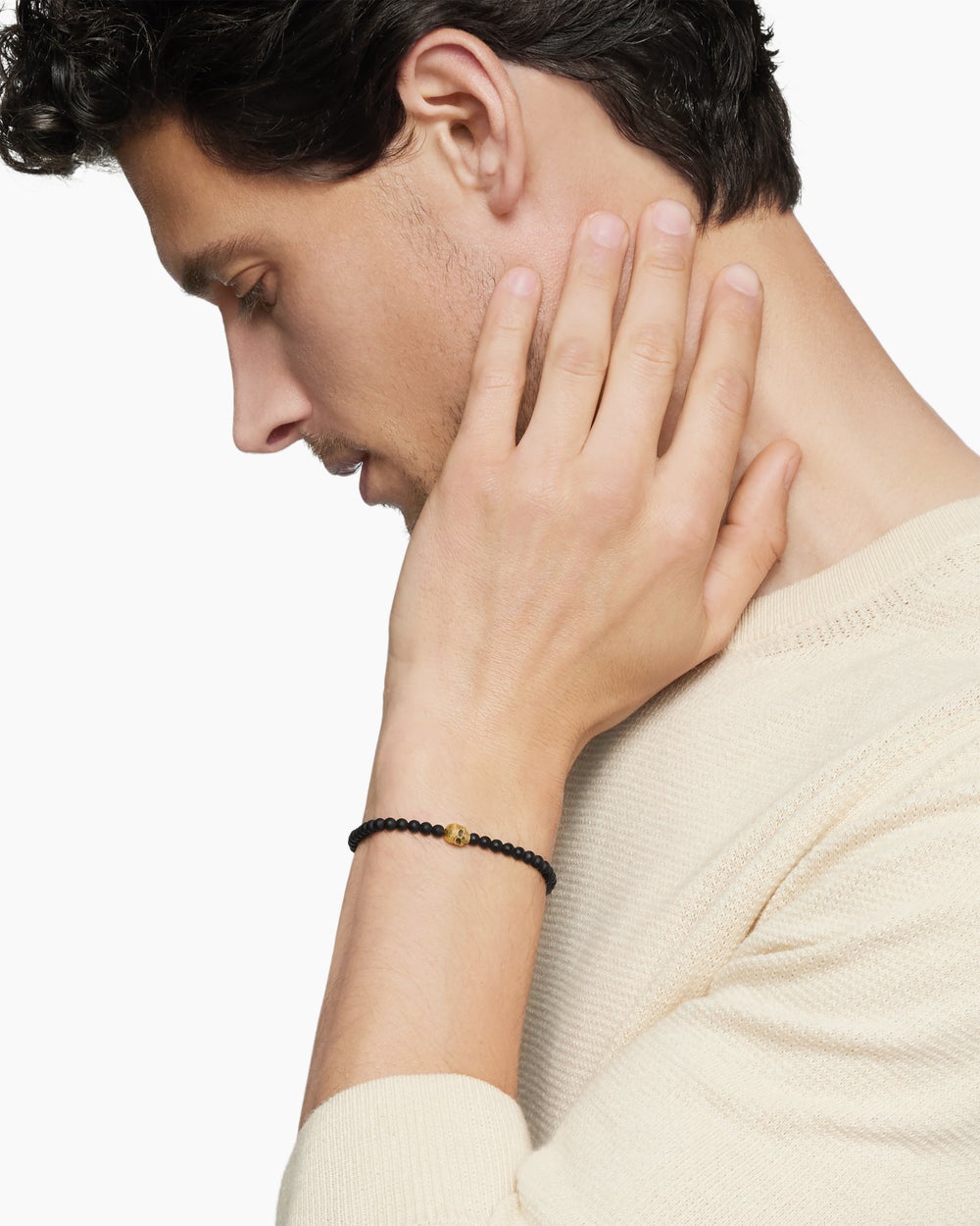 Bracelet à trois motifs crâne Memento Mori avec onyx noir et or jaune 18 carats, 4 mm homme
