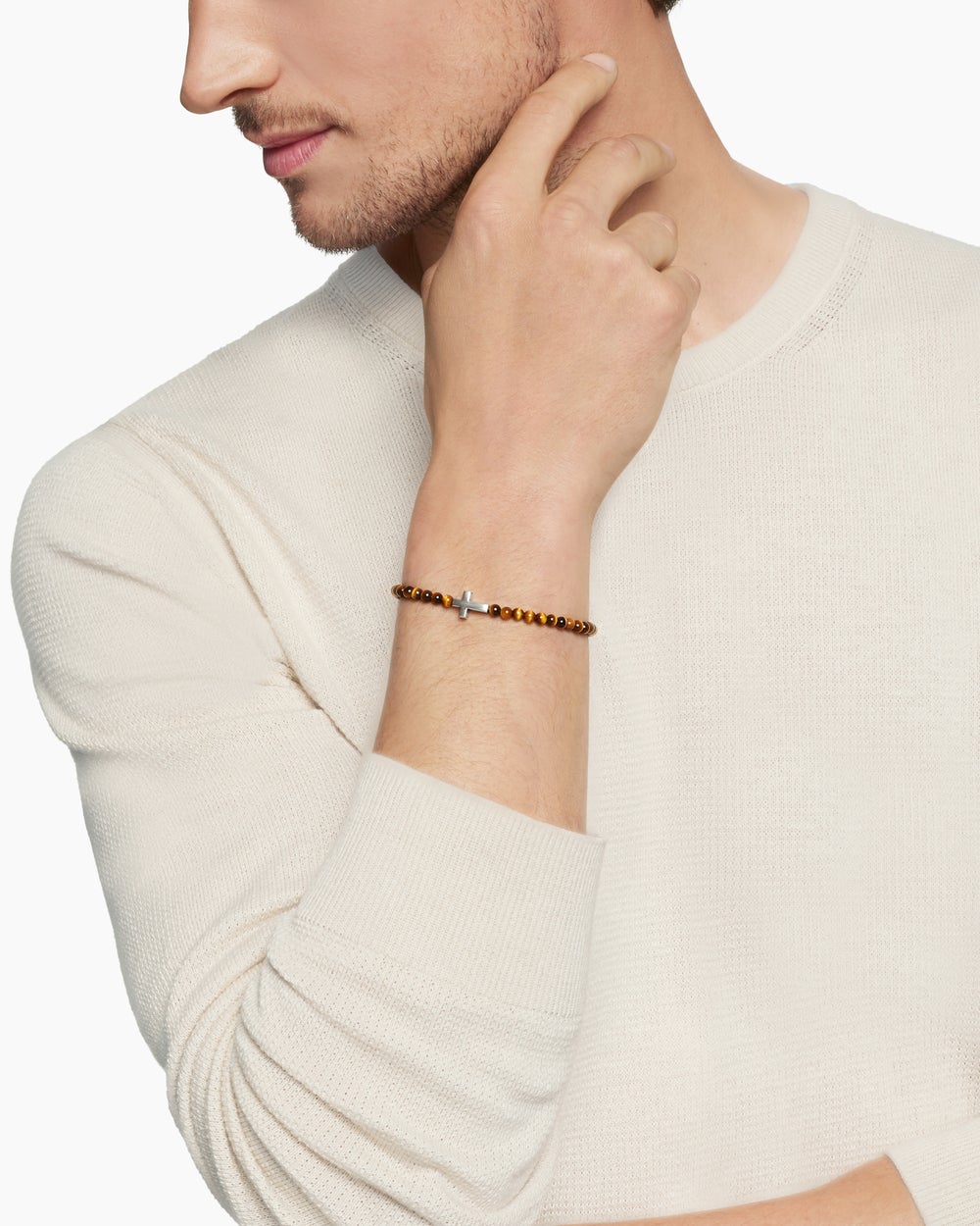 Bracelet Spiritual Beads à motif intercalé et croix en argent sterling, 4 mm hommes