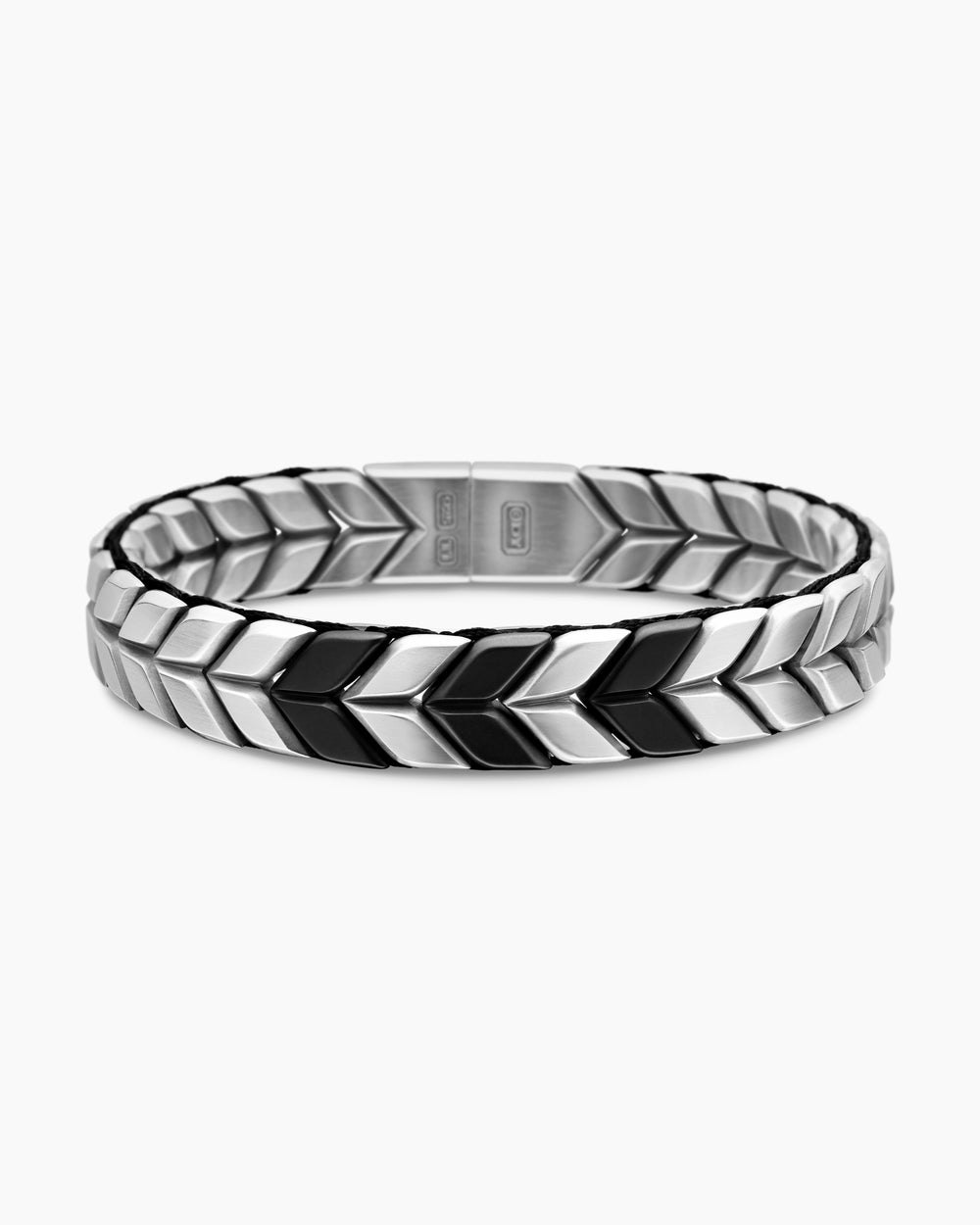 Mens Chevron Woven Bracelet in Black Titanium with Sterling Silver and Black Nylon, 12mm