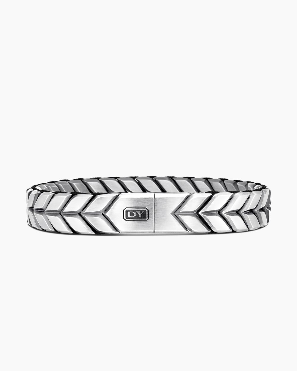 Mens Chevron Woven Bracelet in Black Titanium with Sterling Silver and Black Nylon, 12mm