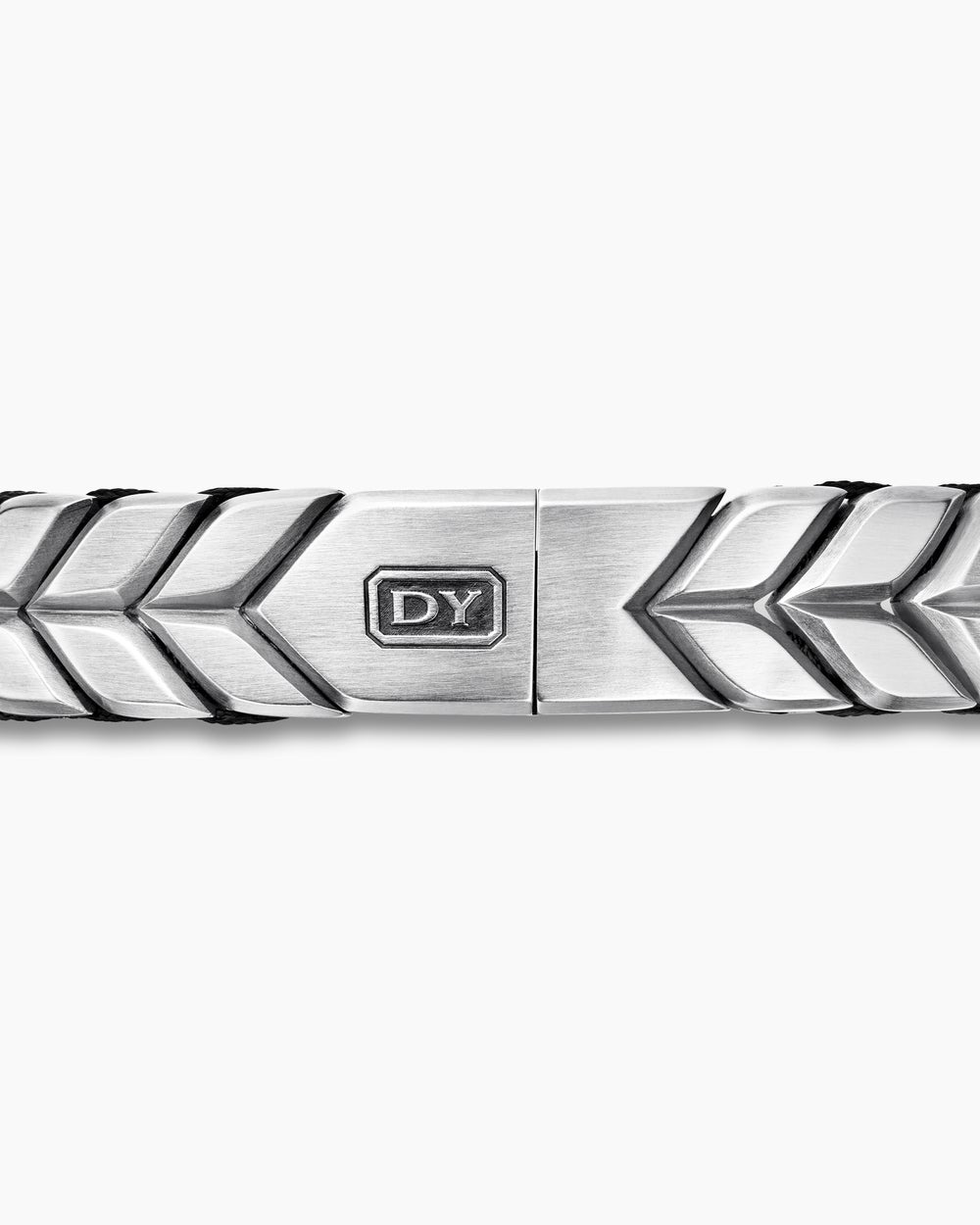 Mens Chevron Woven Bracelet in Black Titanium with Sterling Silver and Black Nylon, 12mm