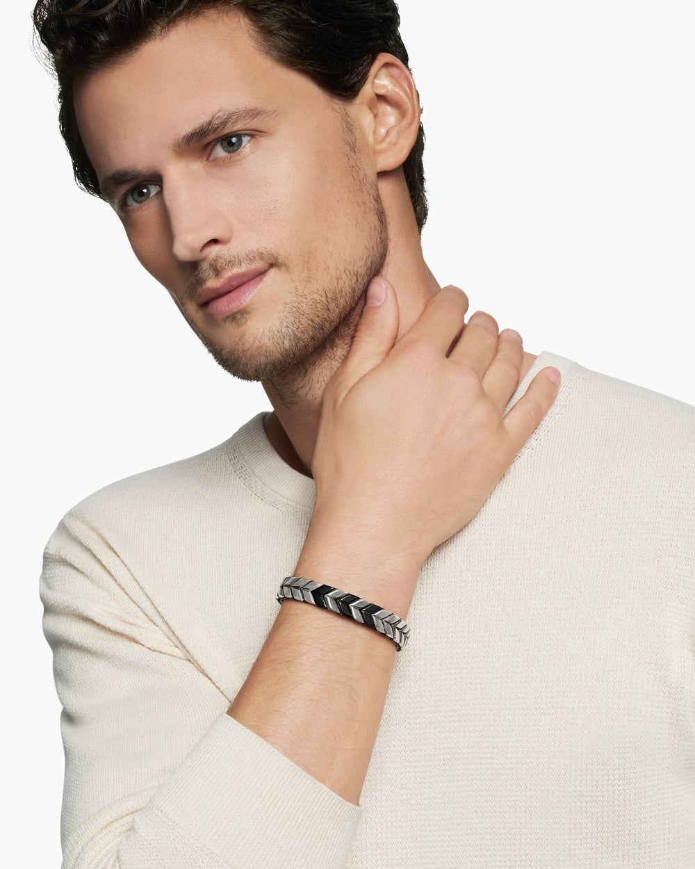 Mens Chevron Woven Bracelet in Black Titanium with Sterling Silver and Black Nylon, 12mm