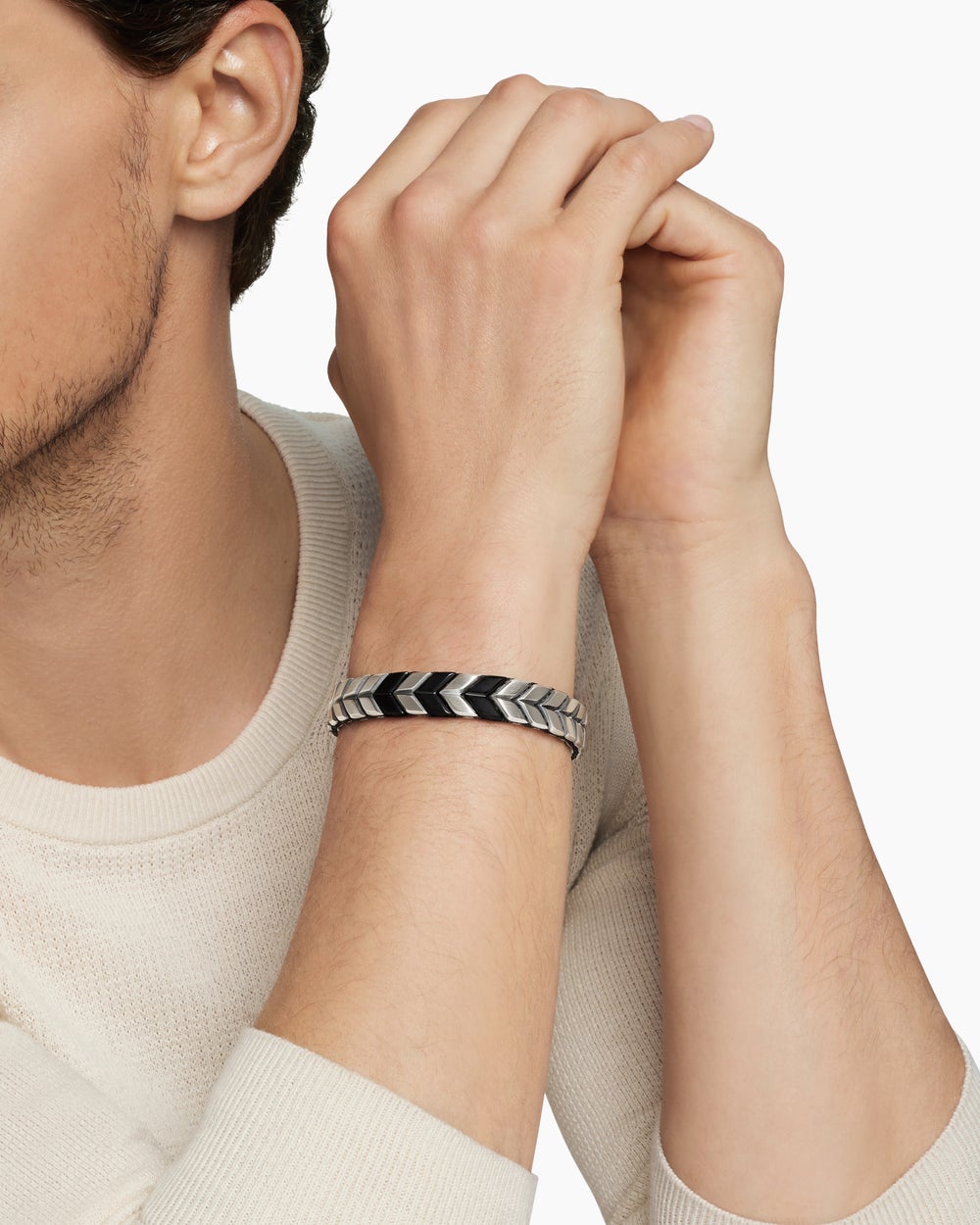 Mens Chevron Woven Bracelet in Black Titanium with Sterling Silver and Black Nylon, 12mm