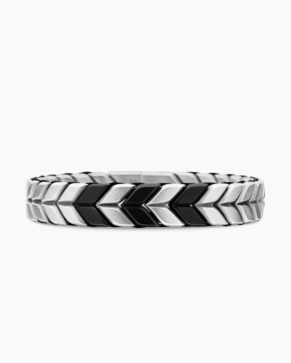 Mens Chevron Woven Bracelet in Black Titanium with Sterling Silver and Black Nylon, 12mm