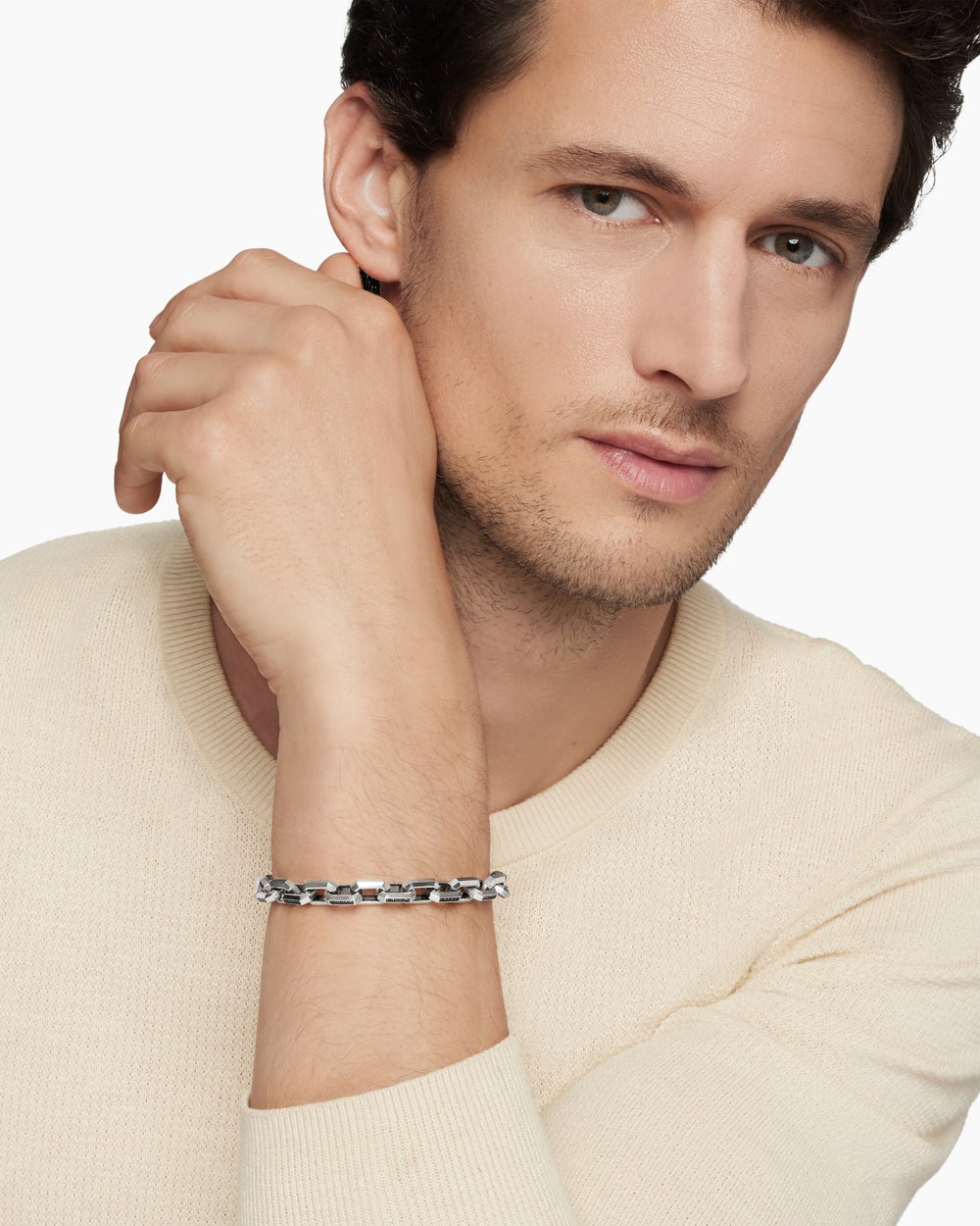 Mens Streamline® Heirloom Chain Link Bracelet in Sterling Silver with Pavé Black Diamonds, 7.5mm