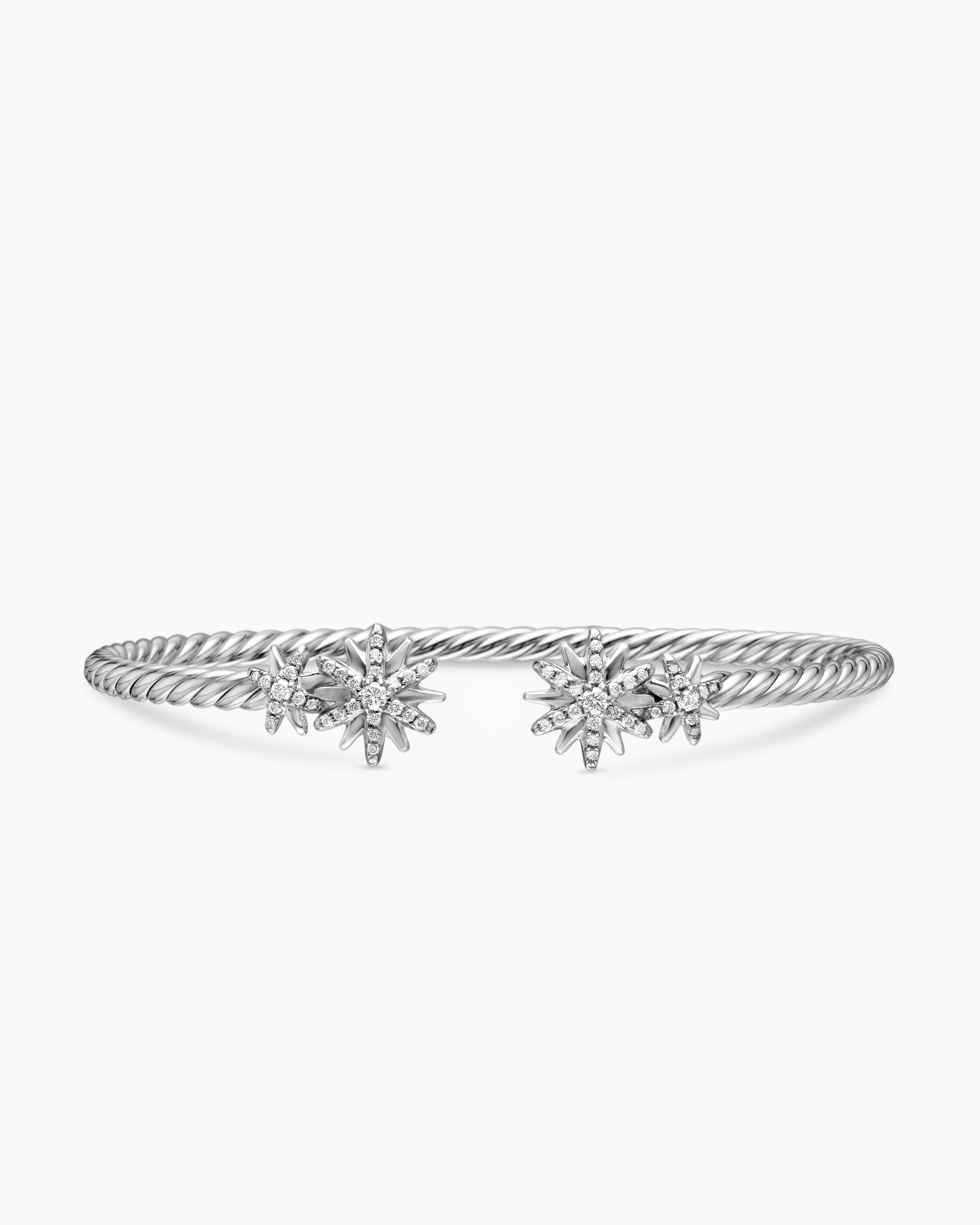 Womens Starburst Cable Bracelet in Sterling Silver with Diamonds, 3.5mm