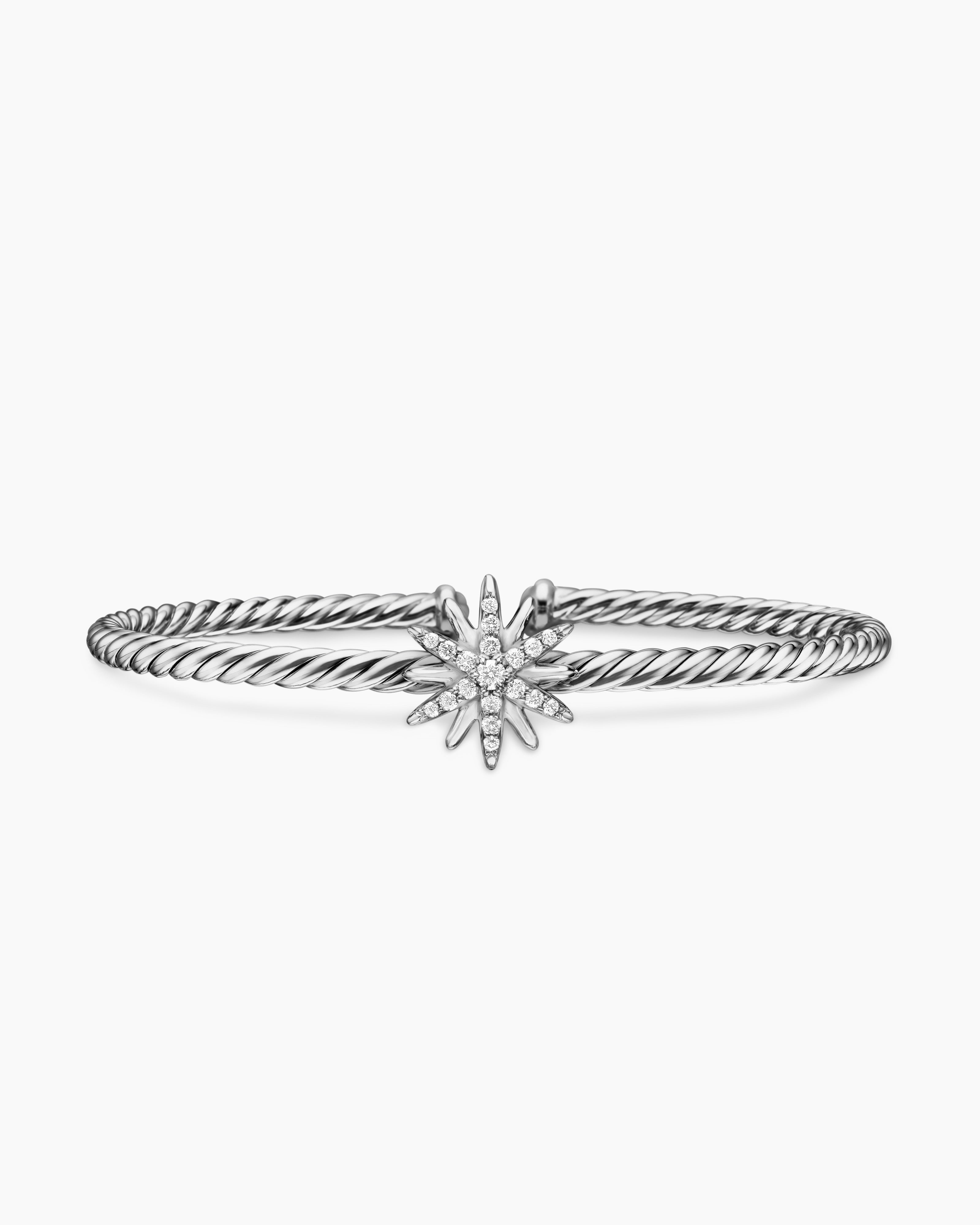 Womens Starburst Center Station Bracelet in Sterling Silver with Diamonds, 3mm