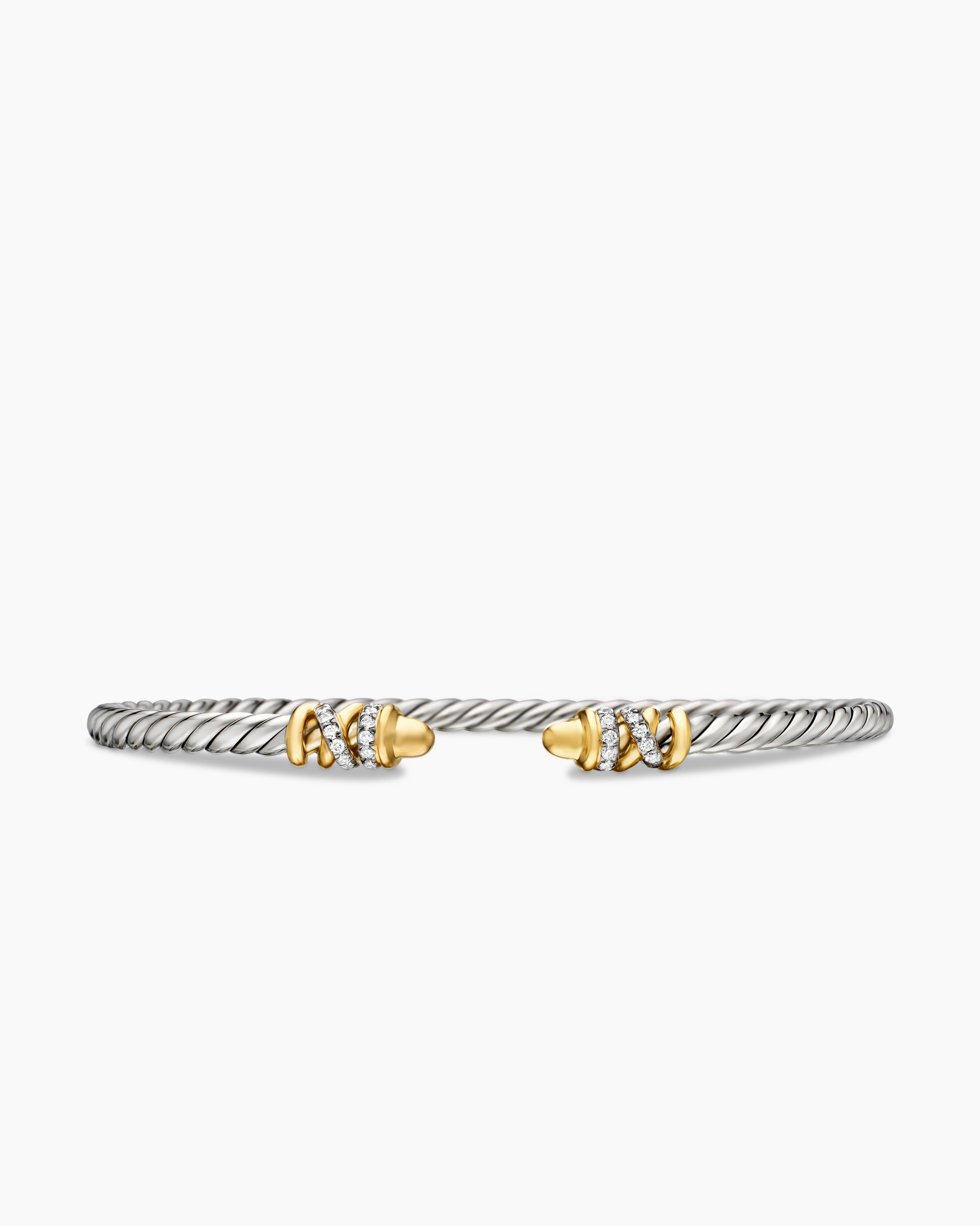 Womens Petite Helena Classic Cable Bracelet in Sterling Silver with 18K Yellow Gold and Diamonds, 3mm