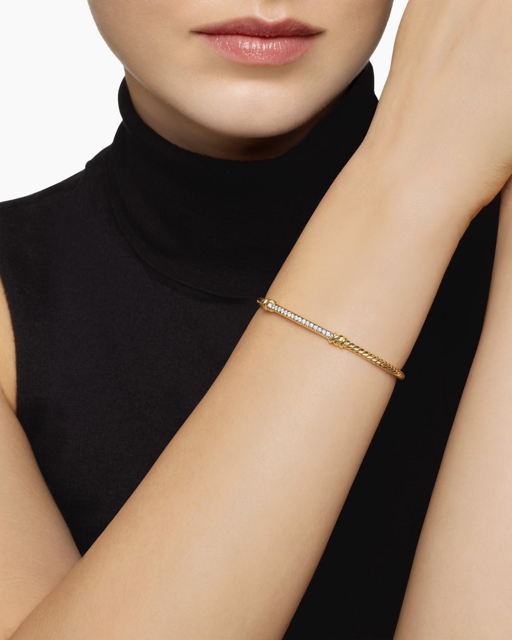 Womens Petite Helena Cablespira Flex Station Bracelet in 18K Yellow Gold with Diamonds, 3mm
